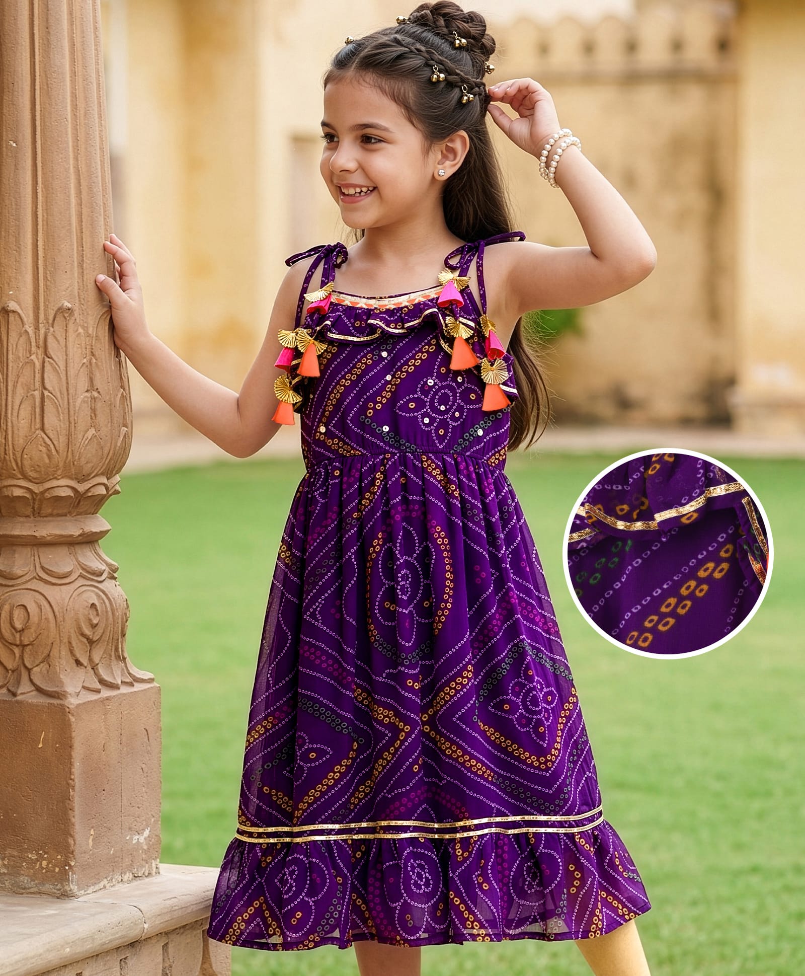 EARTHY TOUCH Georgette Woven Sleeveless Bandhani Printed Ethnic Dress - Purple-image-24