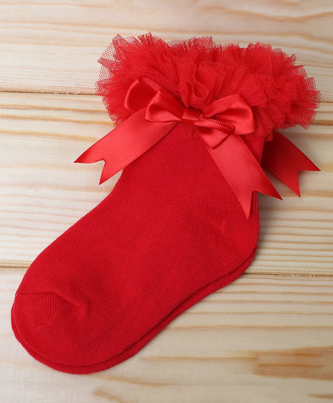 Flaunt Chic Cotton Blend Knit Ruffles & Bow Applique Detailed Socks - Red-picture-28