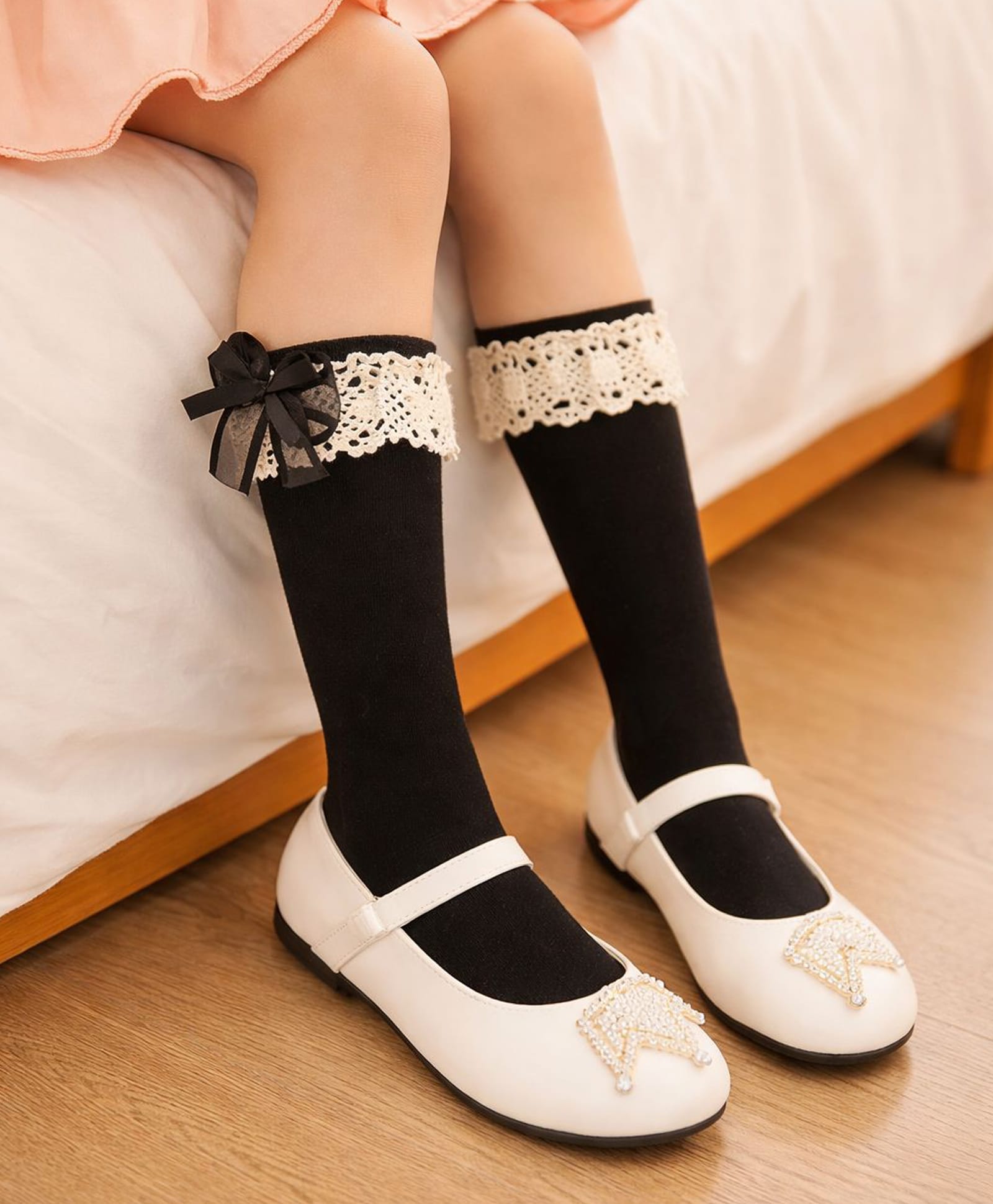 Flaunt Chic Cotton Blend Knit Lace Embellished & Bow Applique Detailed Socks - Black-image-17