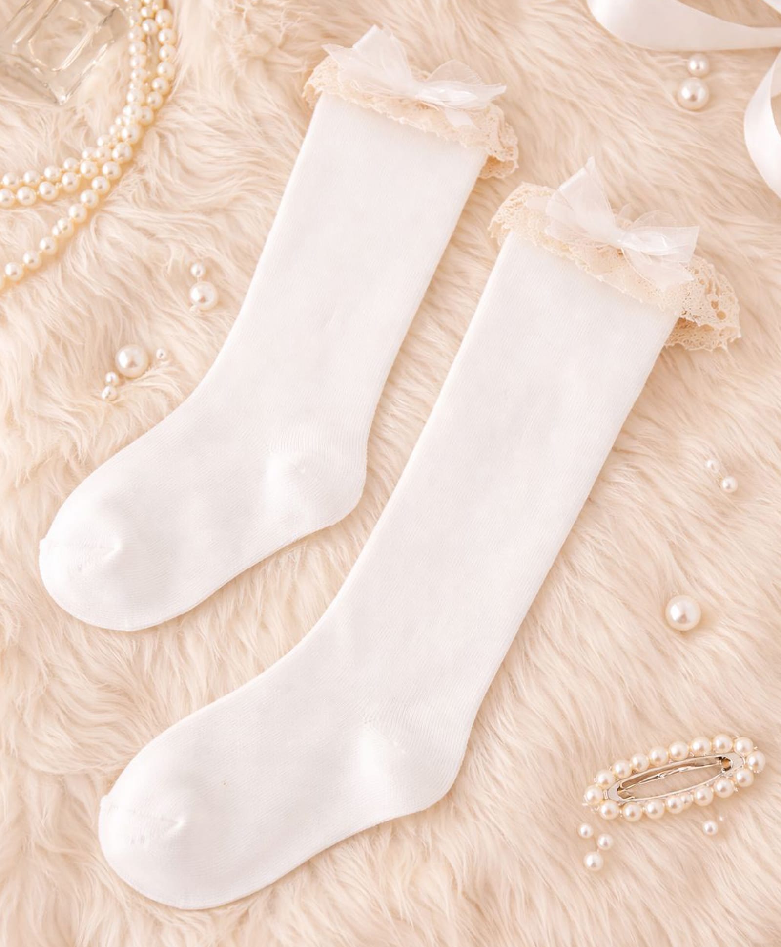 Flaunt Chic Cotton Blend Knit Lace Embellished & Bow Applique Detailed Socks - White-picture-7