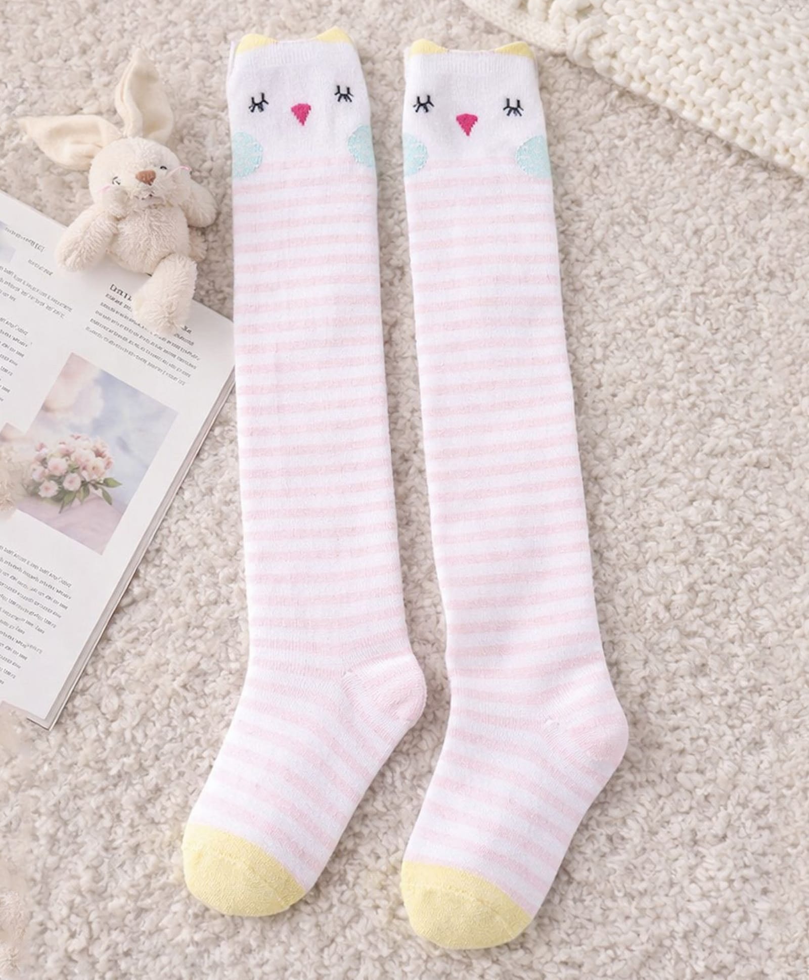 Flaunt Chic Cotton Blend Knit Animal Designed Striped Socks - Pink-picture-22