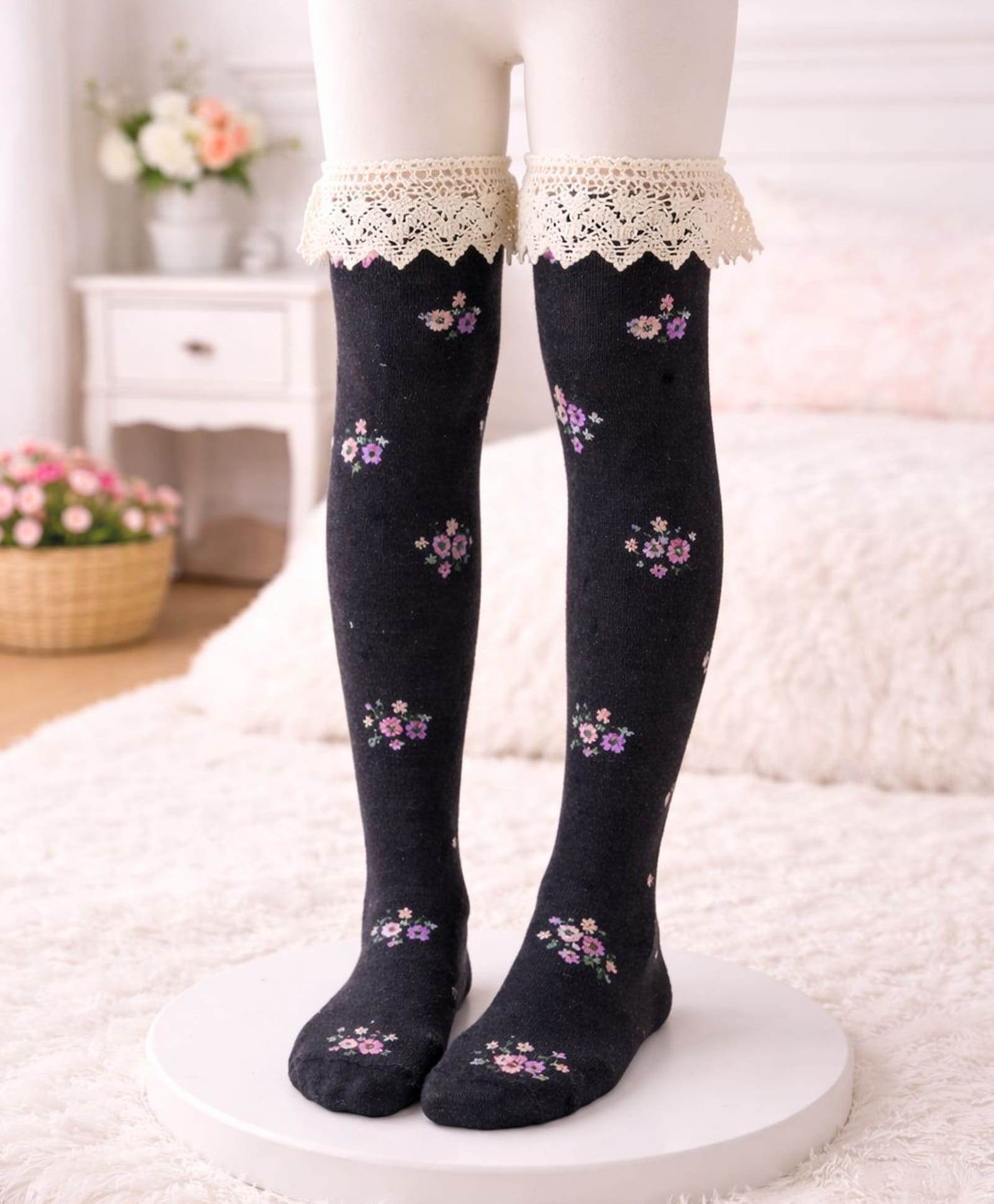 Flaunt Chic Cotton Blend Knit Lace Detailed Floral Printed Socks - Black-picture-37