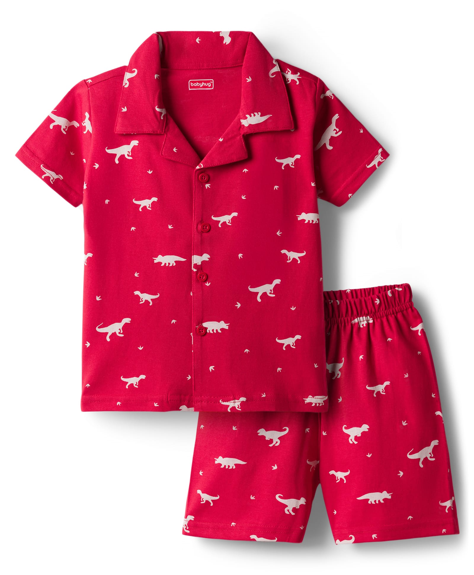 Babyhug Cotton Knit Half Sleeves Shirt & Shorts Co-ord Night Suit With Dino Print - Red-image-24