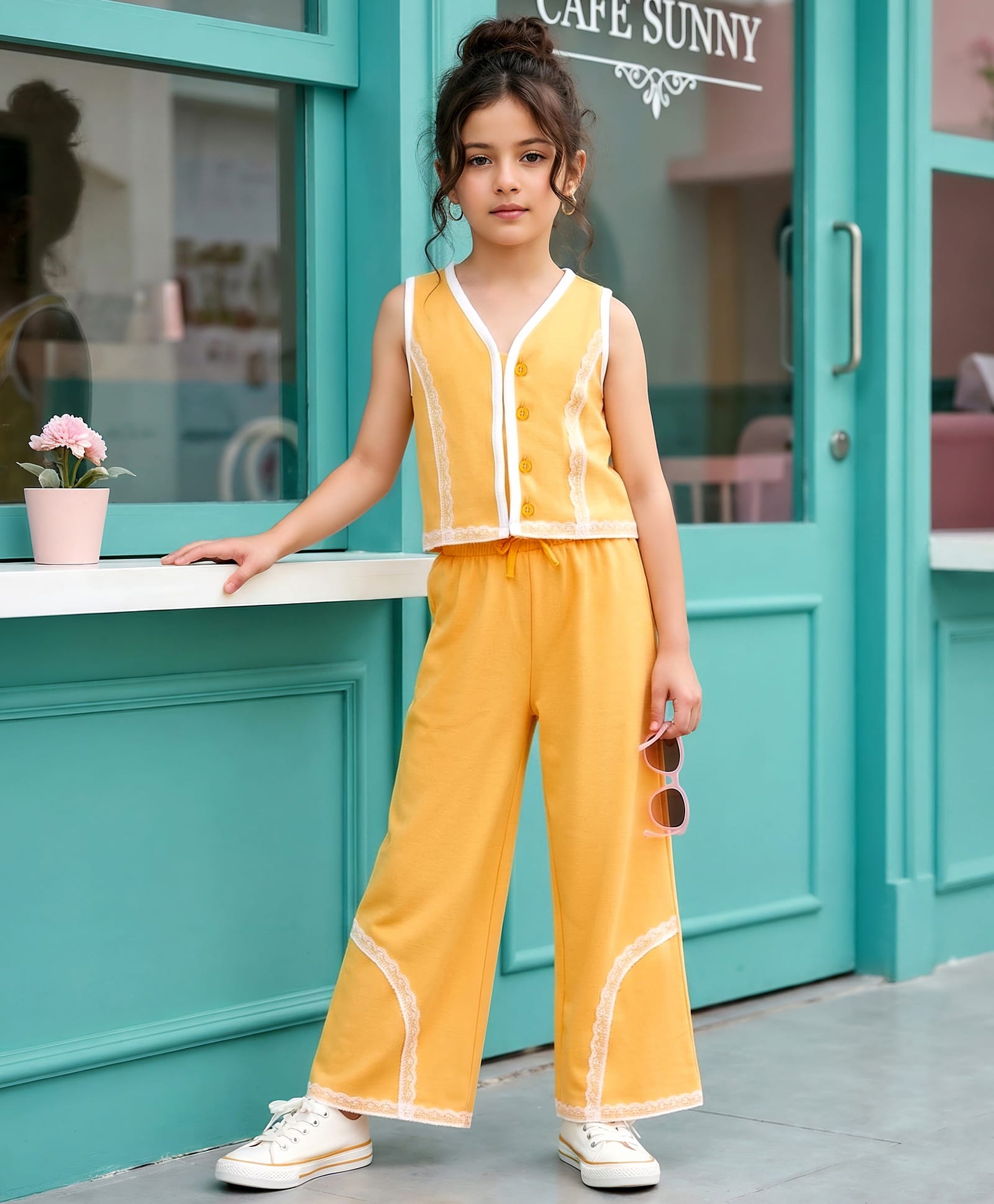OLLINGTON ST. Cotton Knit Sleeveless Set Of Top & Culottes Set - Yellow-image-29