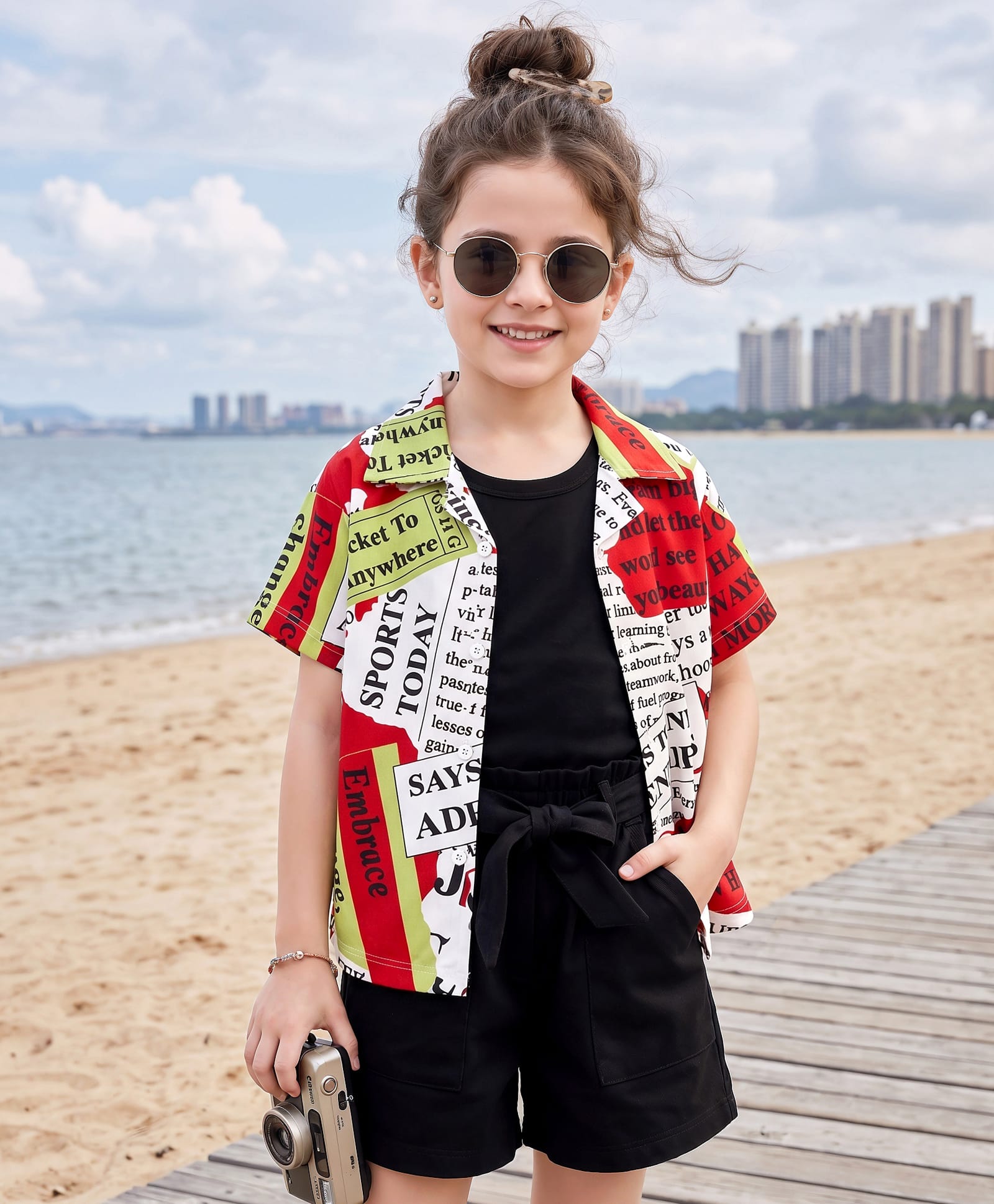 Ollington St. Girls Cotton Knit Half Sleeves Printed Shirt Top With Inner Tee & Shorts - Multicolour & Black-picture-19