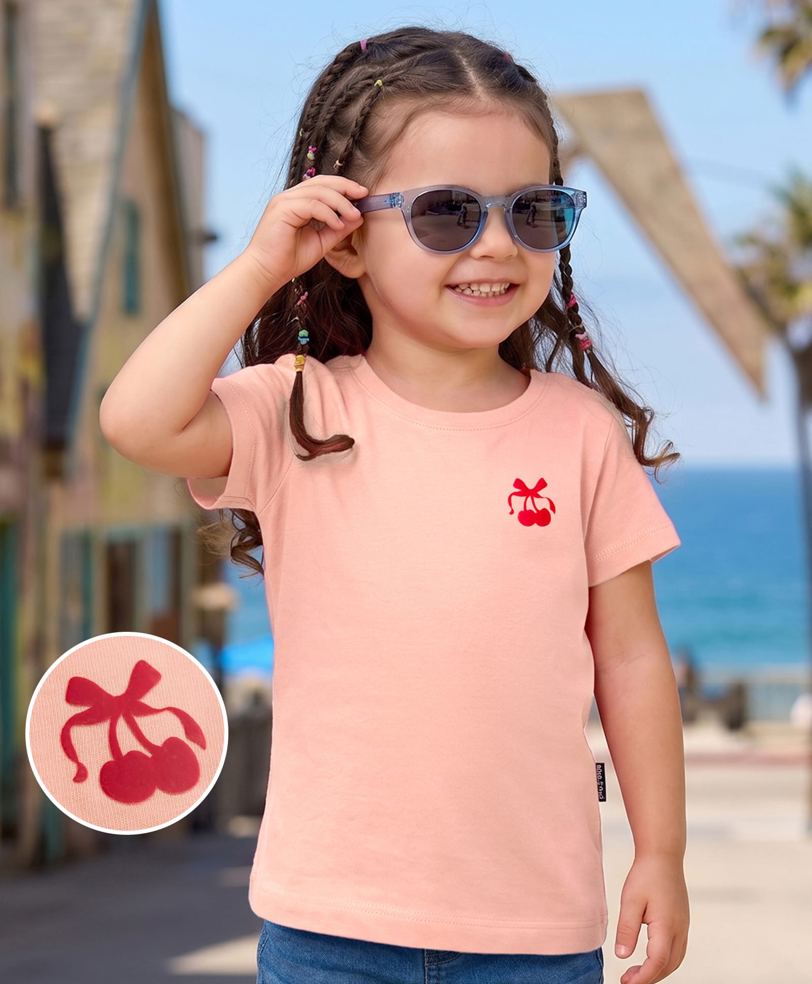 Kookie Kids Cotton Knit T-Shirts Half Sleeves Round Neck Peach 12-18 Months with Cherry Print-image-24