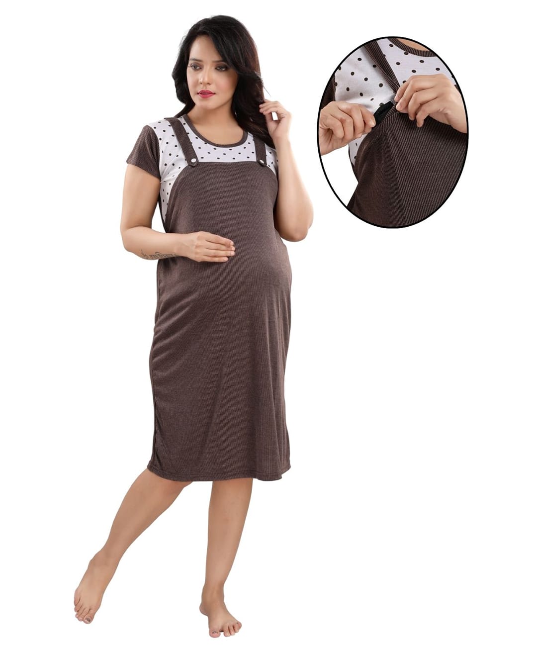 Fabme Woven Half Sleeves Polka Dots Printed Maternity Nighty With Concealed Zipper Nursing Access - Chocolate-image-39