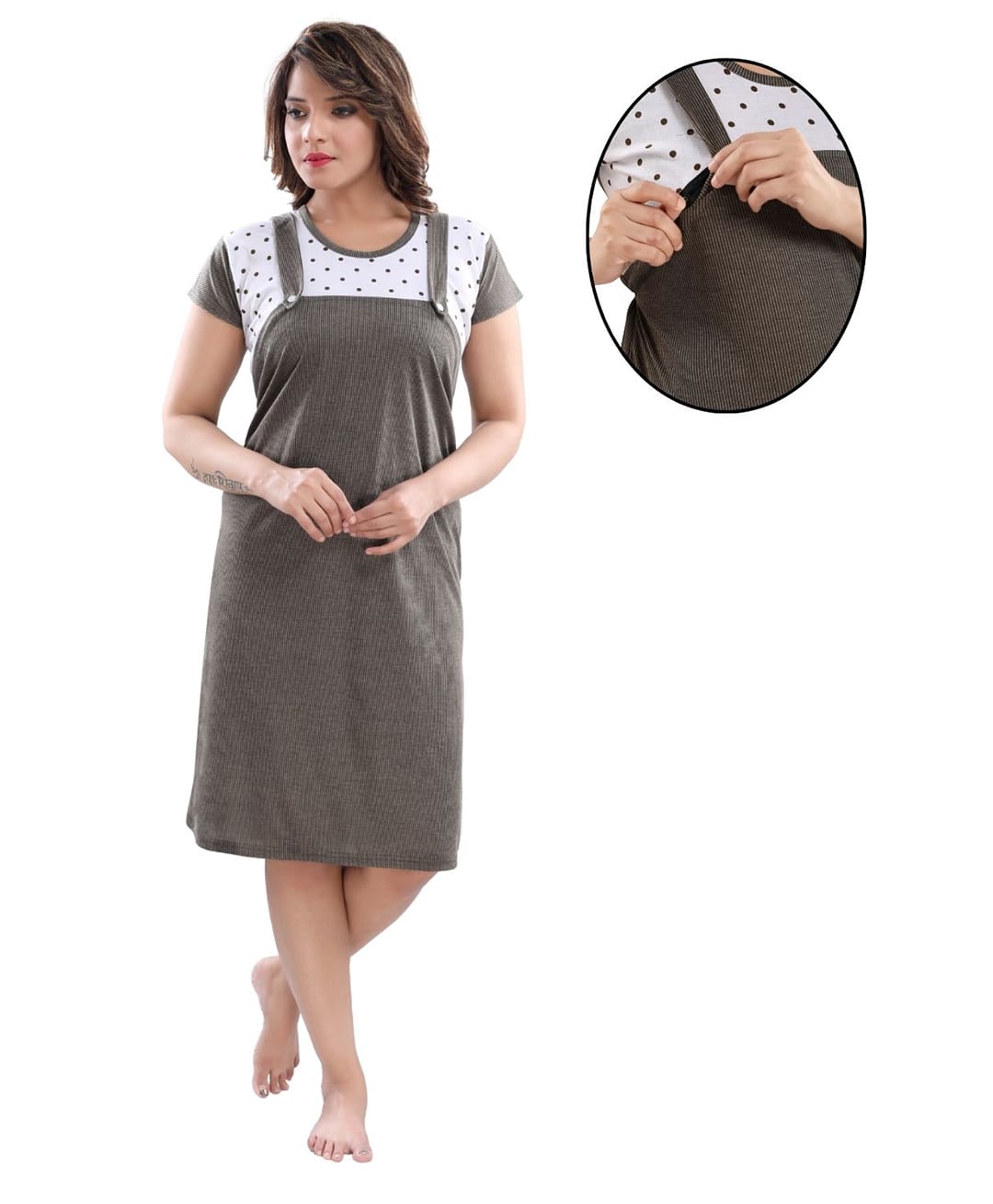 Fabme Woven Half Sleeves Polka Dots Printed Maternity Nighty With Concealed Zipper Nursing Access - Mehendi-image-2