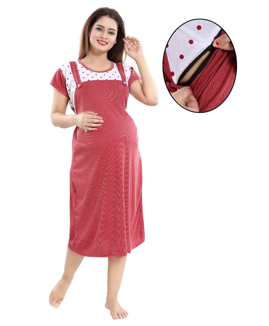 Fabme Woven Half Sleeves Polka Dots Printed Maternity Nighty With Concealed Zipper Nursing Access - Maroon-image-45