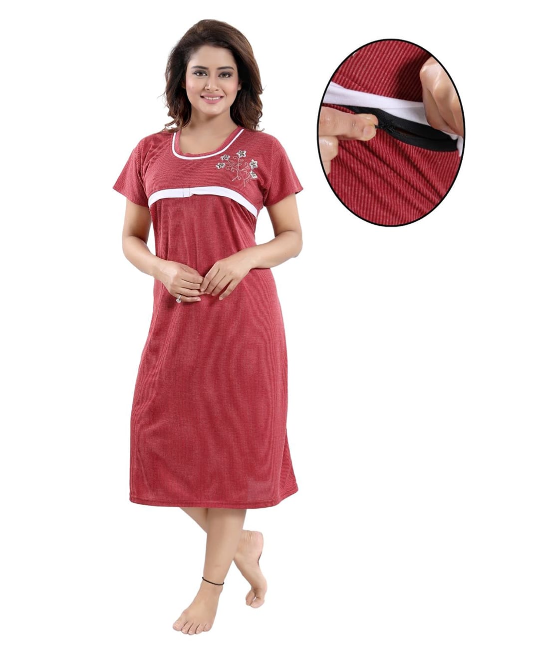 Fabme Woven Half Sleeves Floral Embroidered Maternity Nighty With Concealed Zipper Nursing Access - Maroon-image-47