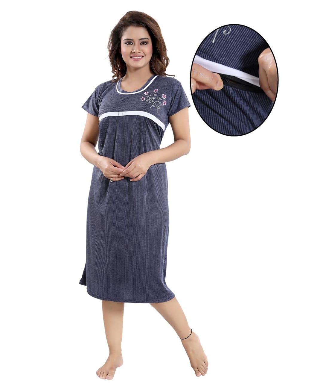 Fabme Woven Half Sleeves Floral Embroidered Maternity Nighty With Concealed Zipper Nursing Access - Blue-image-48