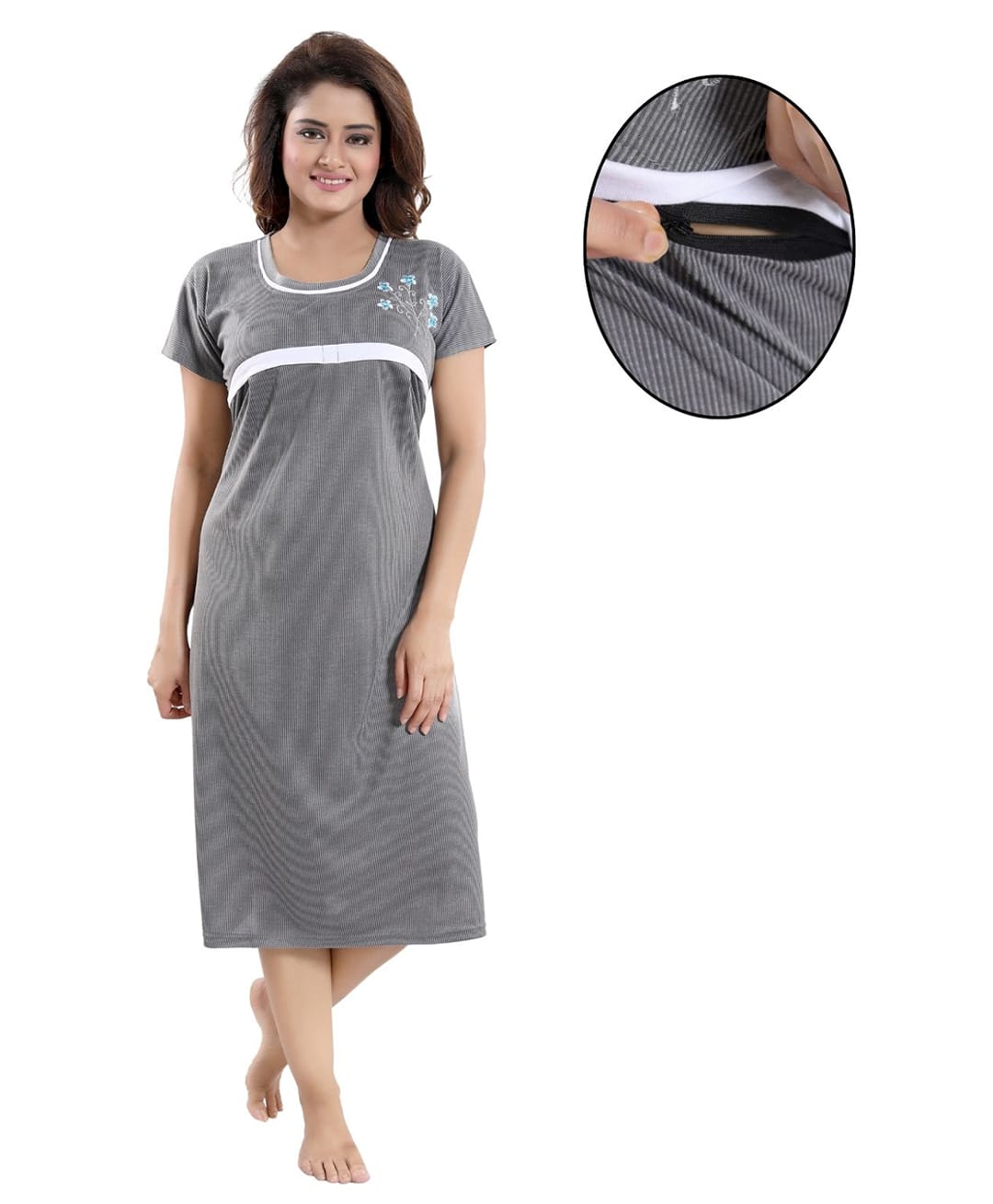 Fabme Woven Half Sleeves Floral Embroidered Maternity Nighty With Concealed Zipper Nursing Access - Grey-image-45