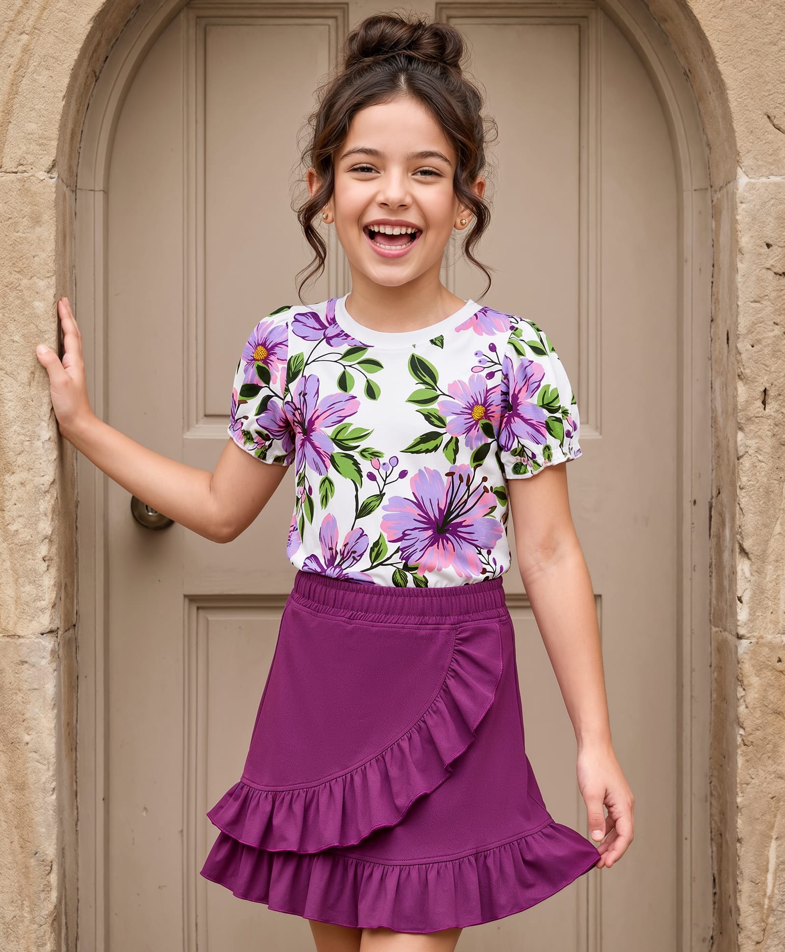OLLINGTON ST. Cotton Knit Floral Printed Half Sleeves Top & Skirts - Multicolour & Purple-image-44