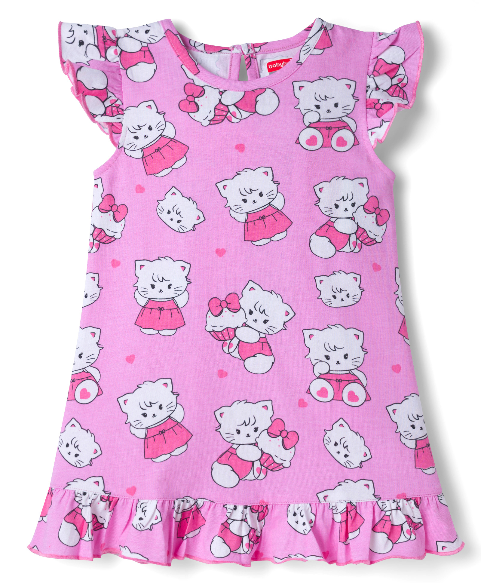 Babyhug Cotton Knit Frill Sleeves Nighty with Kitty Print - Pink-picture-26