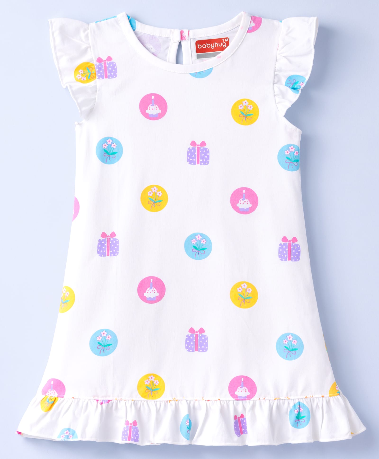 Babyhug Cotton Knit Half Sleeves Nighty With Floral & Gift Print - White-image-40