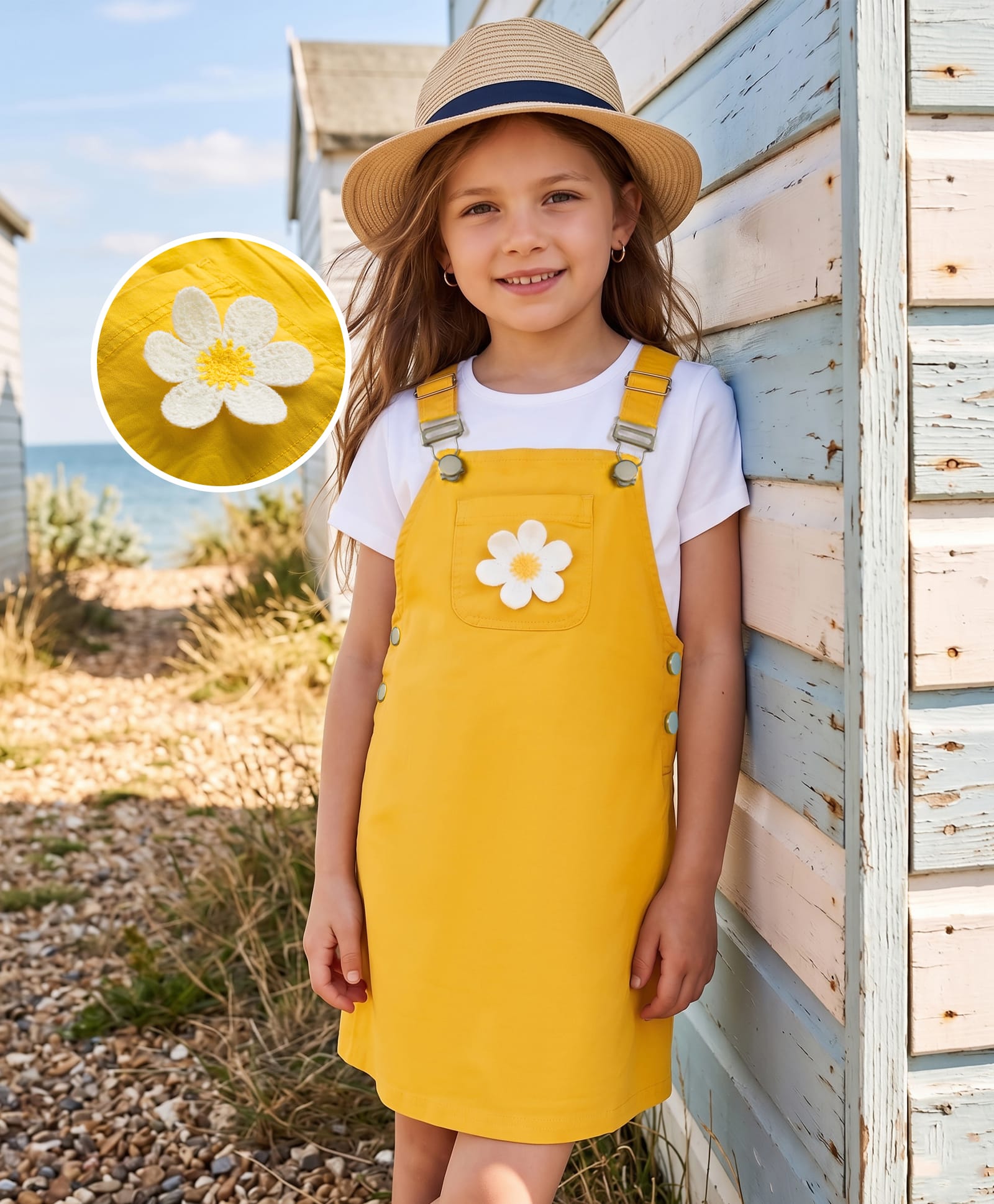 Hola Bonita 100% Cotton Woven Half Sleeves Solid Frock With Inner tee With Floral Applique - Yellow-image-38