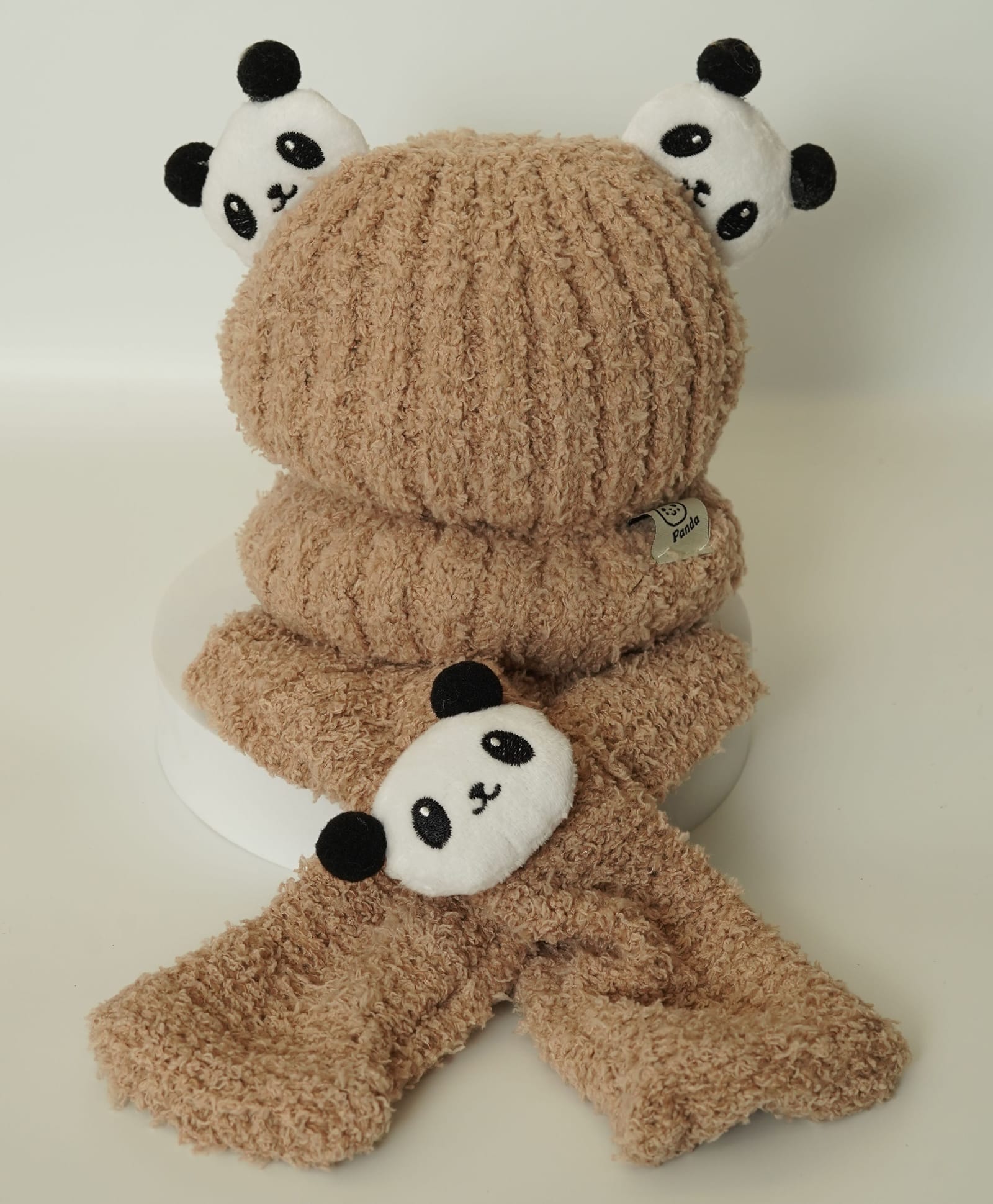 Petite and Posh Woollen Blend Woven Panda Applique Detailed Cap & Scarf Set - Brown-image-13