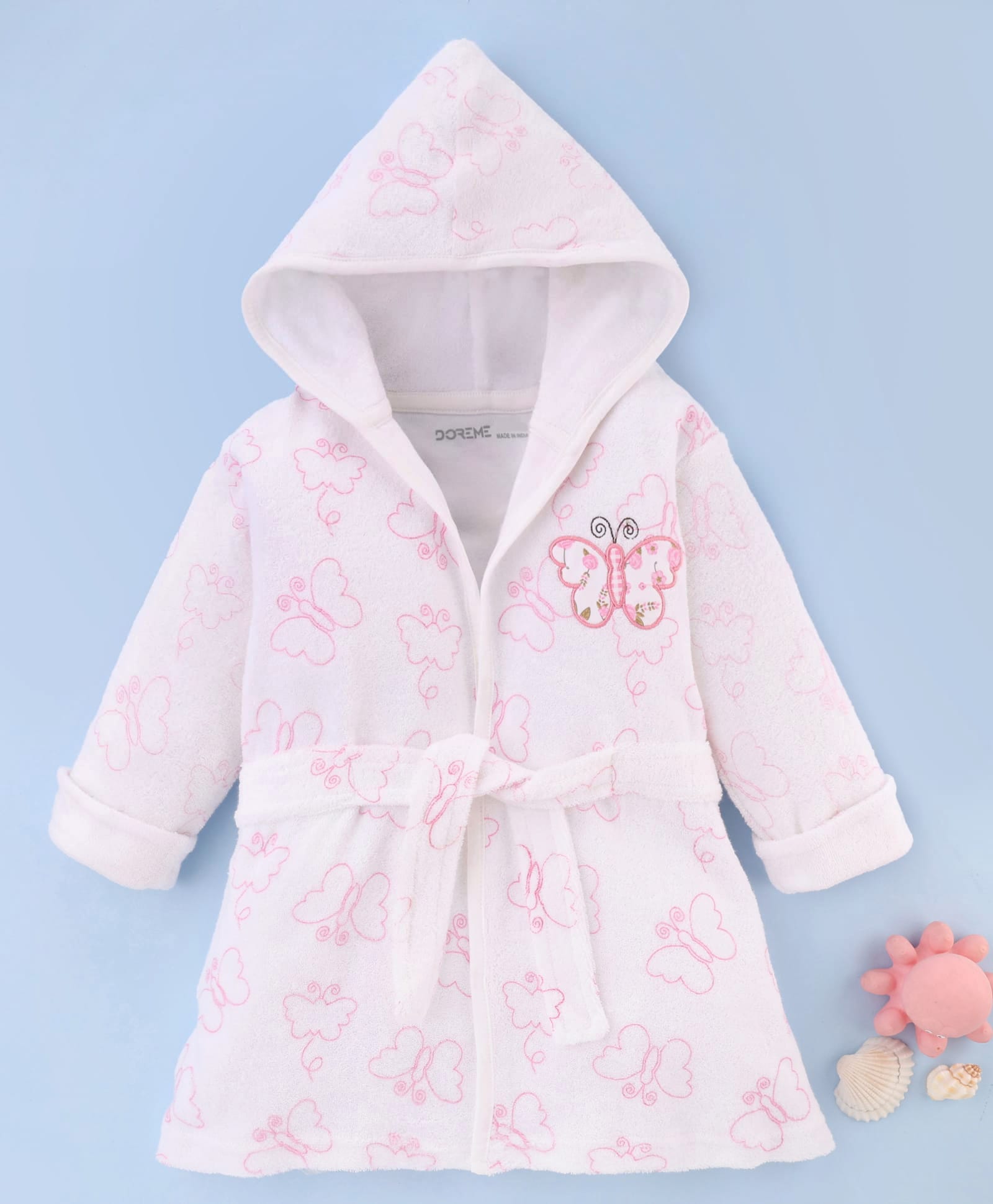 Doreme Terry Knit Full Sleeves Butterfly Printed & Embroidered Hooded Bath Robe - White & Pink-image-26