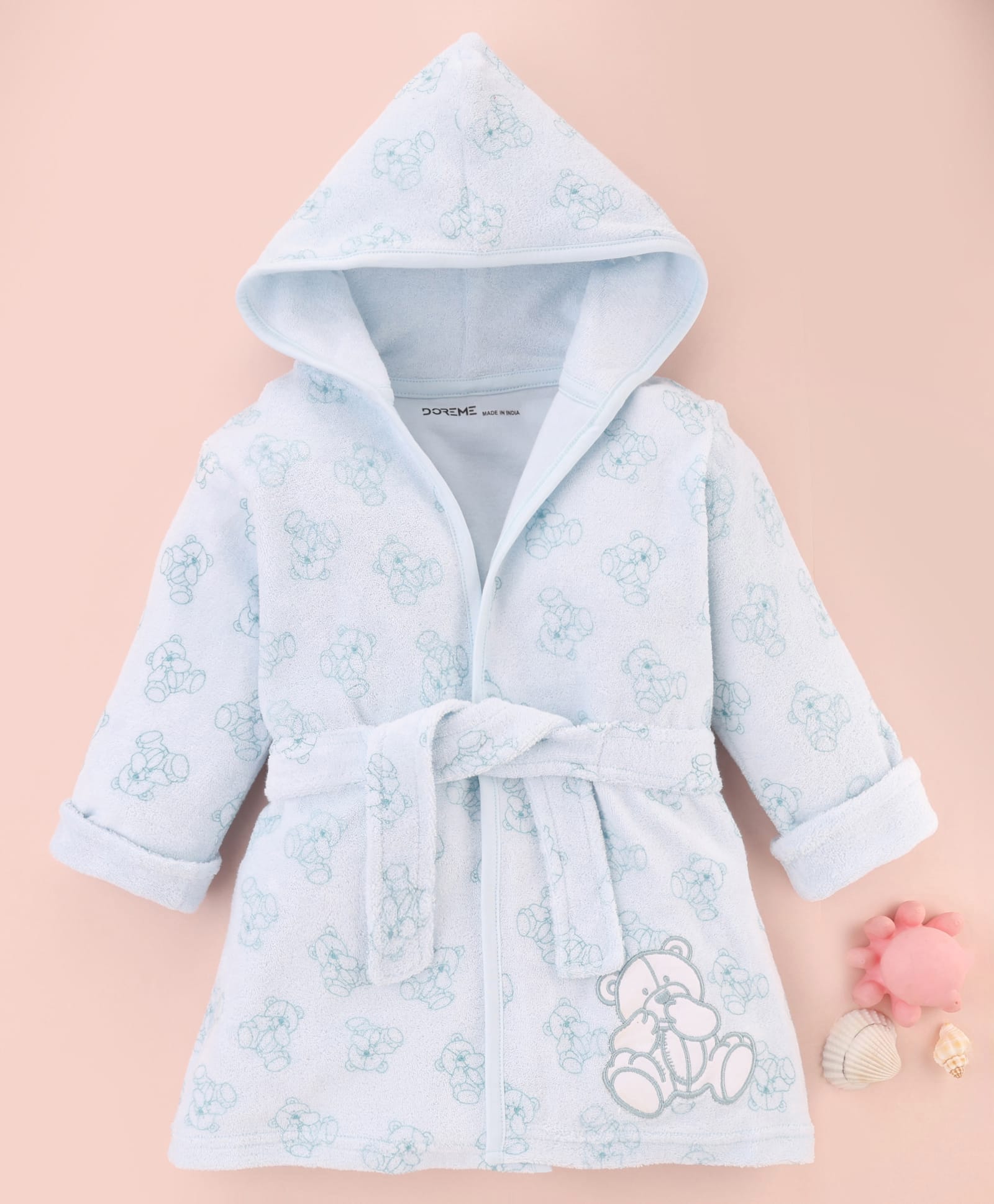 Doreme Terry Knit Full Sleeves Bear Printed & Embroidered Hooded Bath Robe - Light Blue-image-14