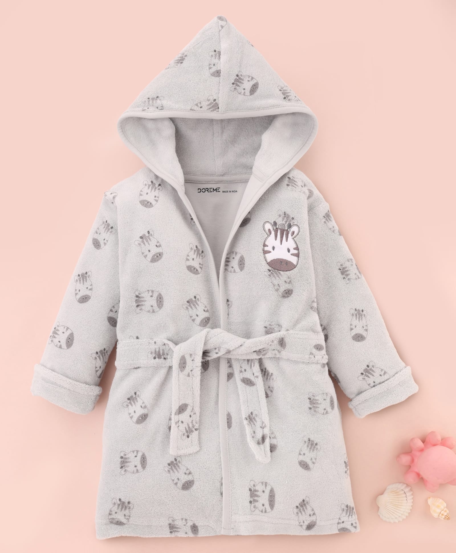 Doreme Terry Knit Full Sleeves Zebra Printed & Embroidered Hooded Bath Robe - Grey-image-9