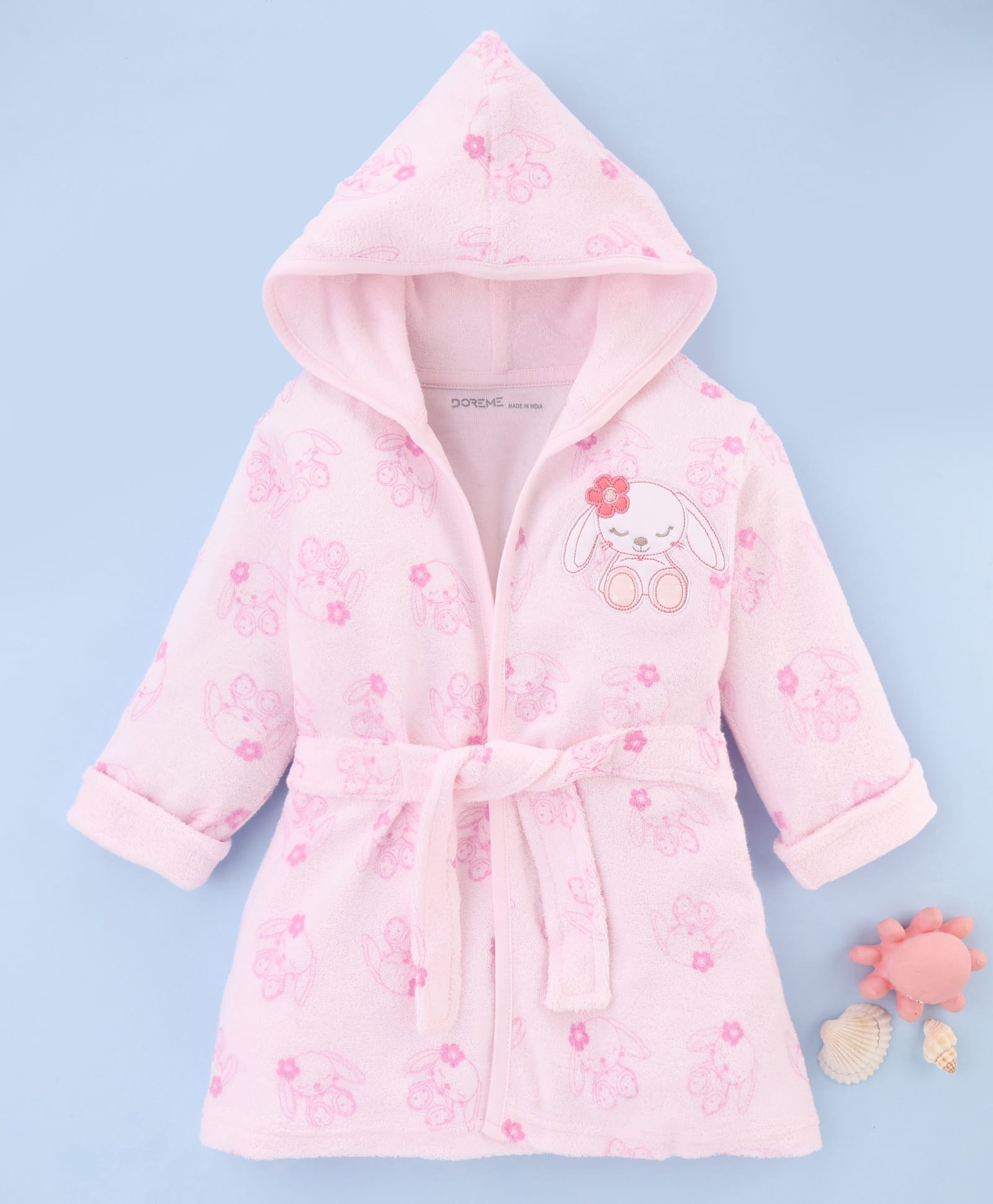 Doreme Terry Knit Full Sleeves Bunny Printed & Embroidered Hooded Bath Robe - Pink-image-28