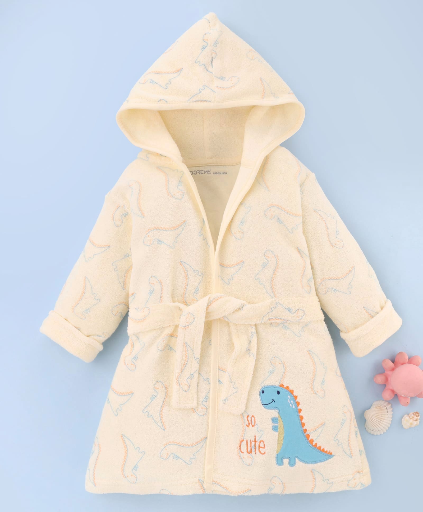 Doreme Terry Knit Full Sleeves Dino Printed & Embroidered Hooded Bath Robe - Yellow-image-16