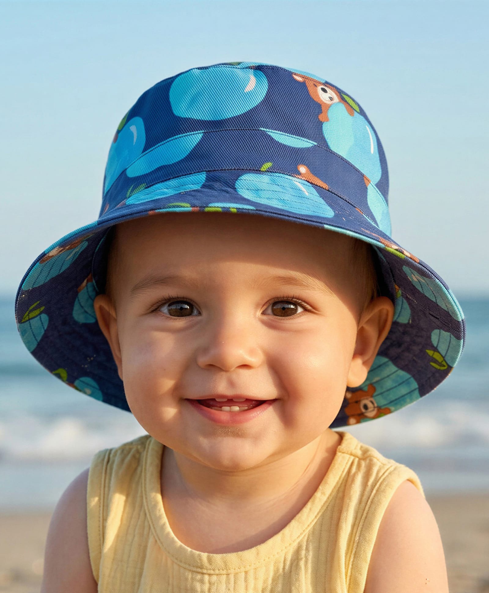 Babyhug Cotton Woven Summer Hat With Teddy Bear Print Navy Blue - Diameter 16 cm-image-32