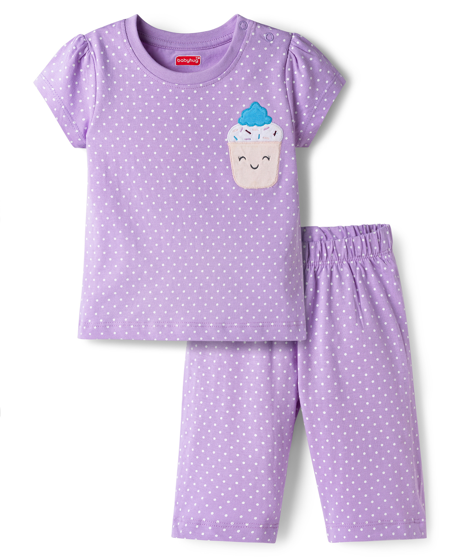 Babyhug Cotton Knit Half Sleeves Polka Dots Printed & Cupcake Embroidered T-Shirt & Capri Night Suit - Lavender