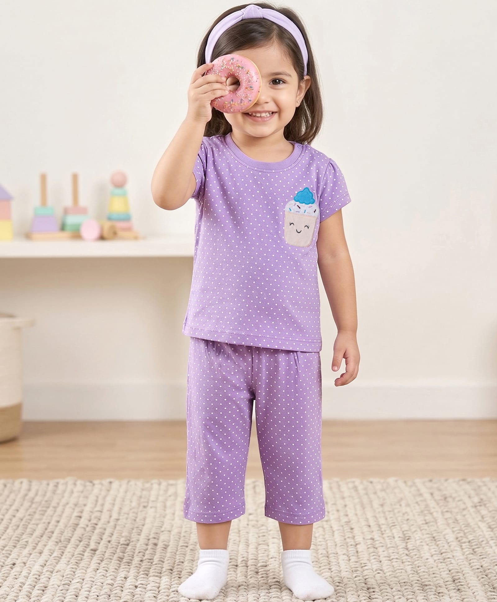 Babyhug Cotton Knit Half Sleeves Polka Dots Printed & Cupcake Embroidered T-Shirt & Capri Night Suit - Lavender-image-10