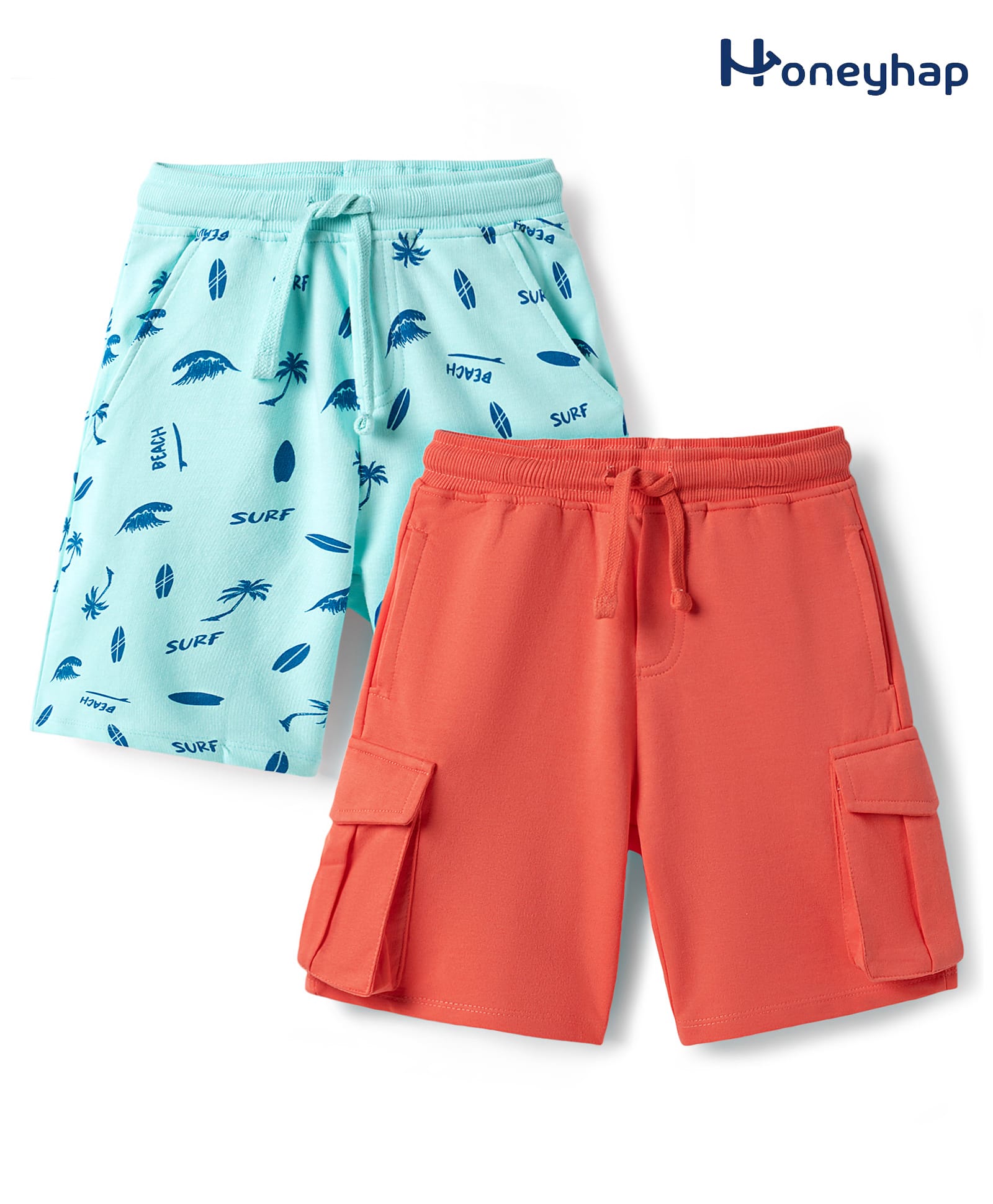 Honeyhap Premium 100% Cotton Knit Knee Lenght Bermudas With Bio Finish & Beach Theme Print Pack of 2 - Coral & Blue Light-image-39