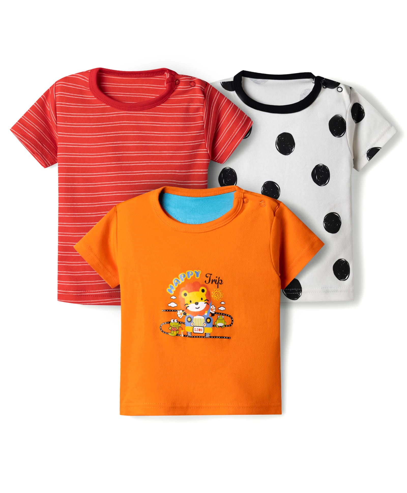 Kidi Wav Pack of 3 Half Sleeves Striped & Polka Dots Printed Tees - Multi Colour-image-9