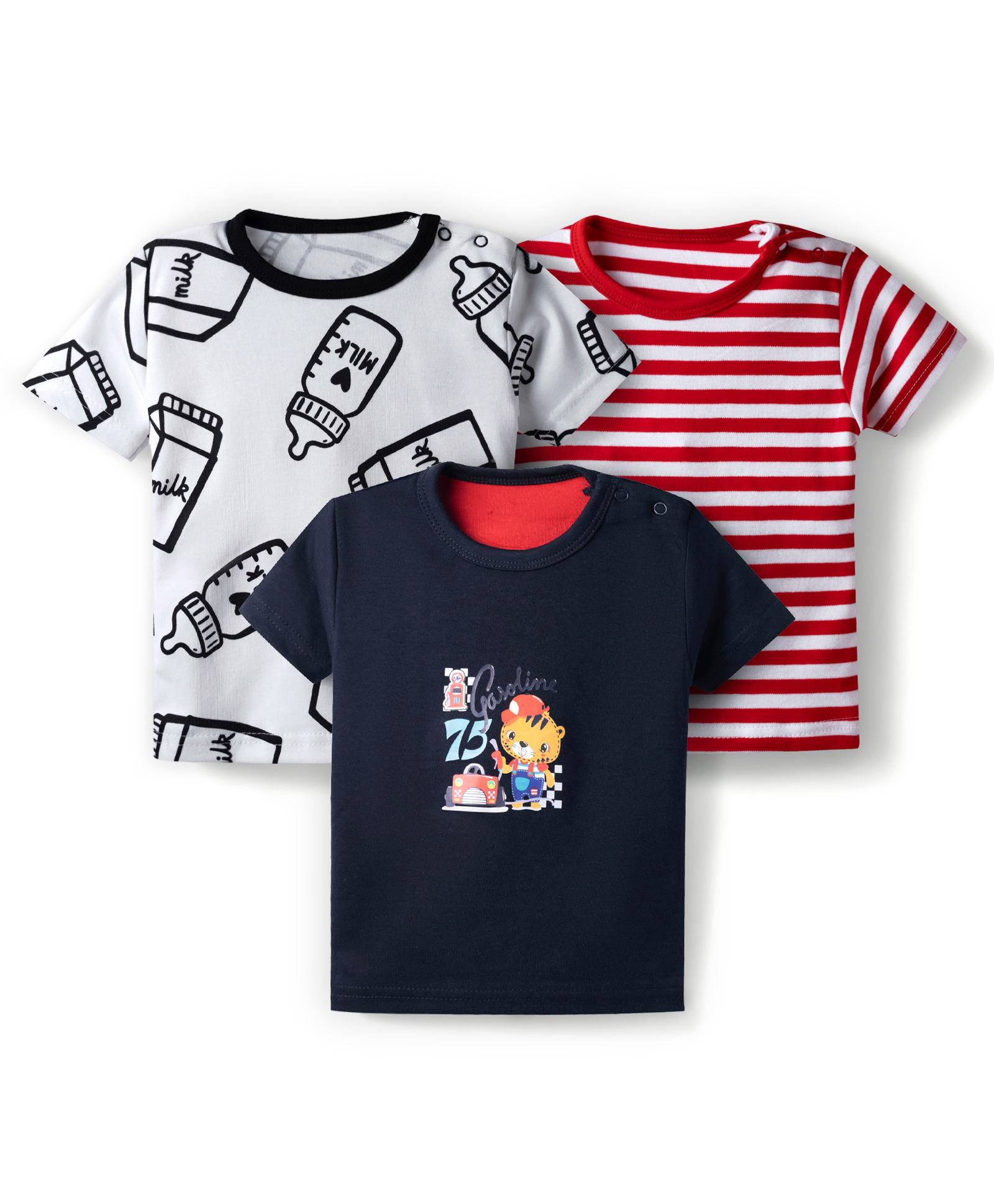 Kidi Wav Pack Of 3 Half Sleeves Striped & Milk Bottle Printed Tees - Multi Colour-picture-21