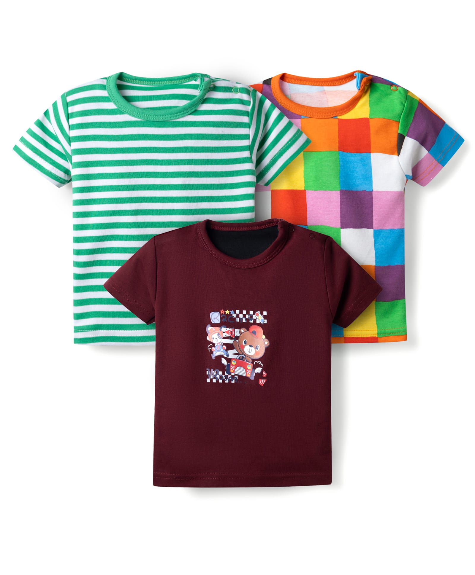 Kidi Wav Pack of 3 Half Sleeves Striped & Chekerboard Printed Tees - Multi Colour-image-22