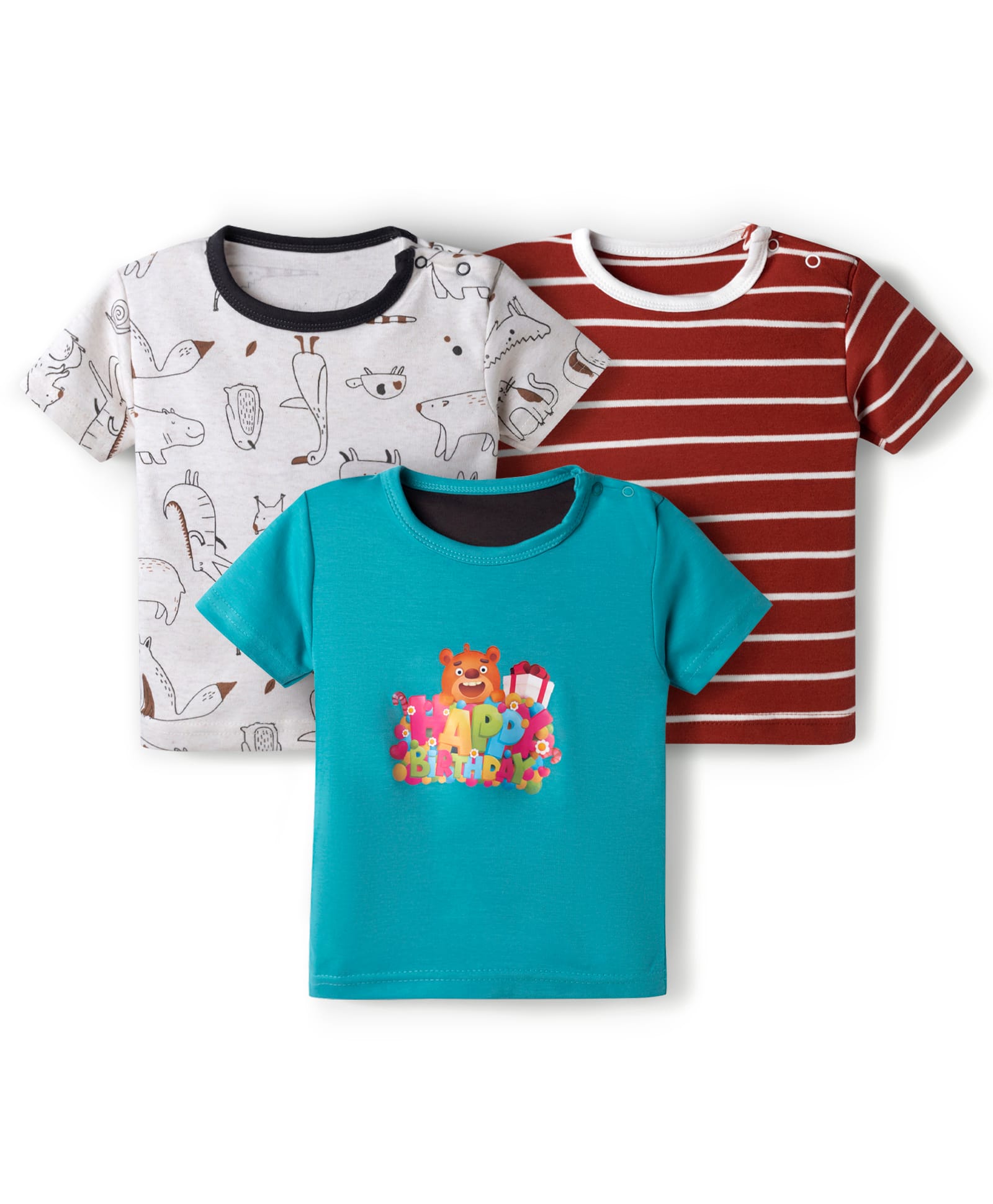 Kidi Wav Pack of 3 Half Sleeves Striped & Animals Printed Tees - Multi Colour-image-25