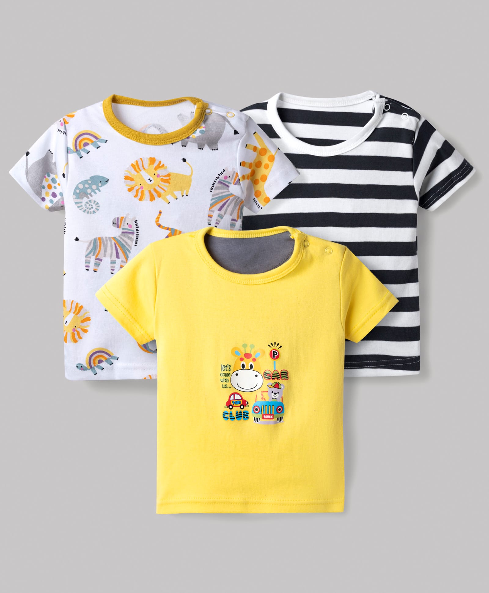 Kidi Wav Pack Of 3 Half Sleeves Striped & Animals Printed Tees - Multi Colour-picture-18