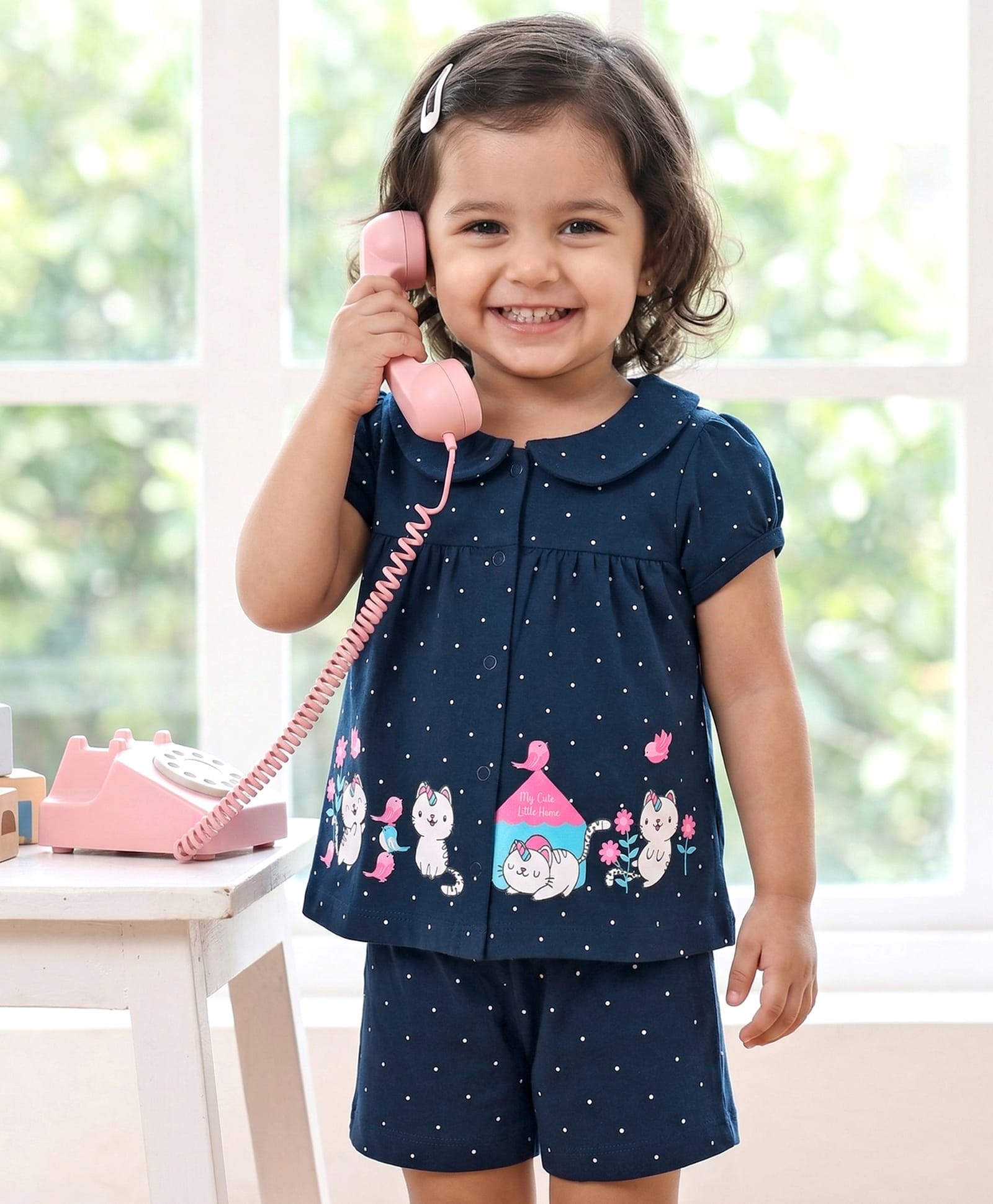 Babyhug Cotton Knit Half Sleeves Shirt & Shorts Night Suit with Cat Print - Navy Blue-image-19