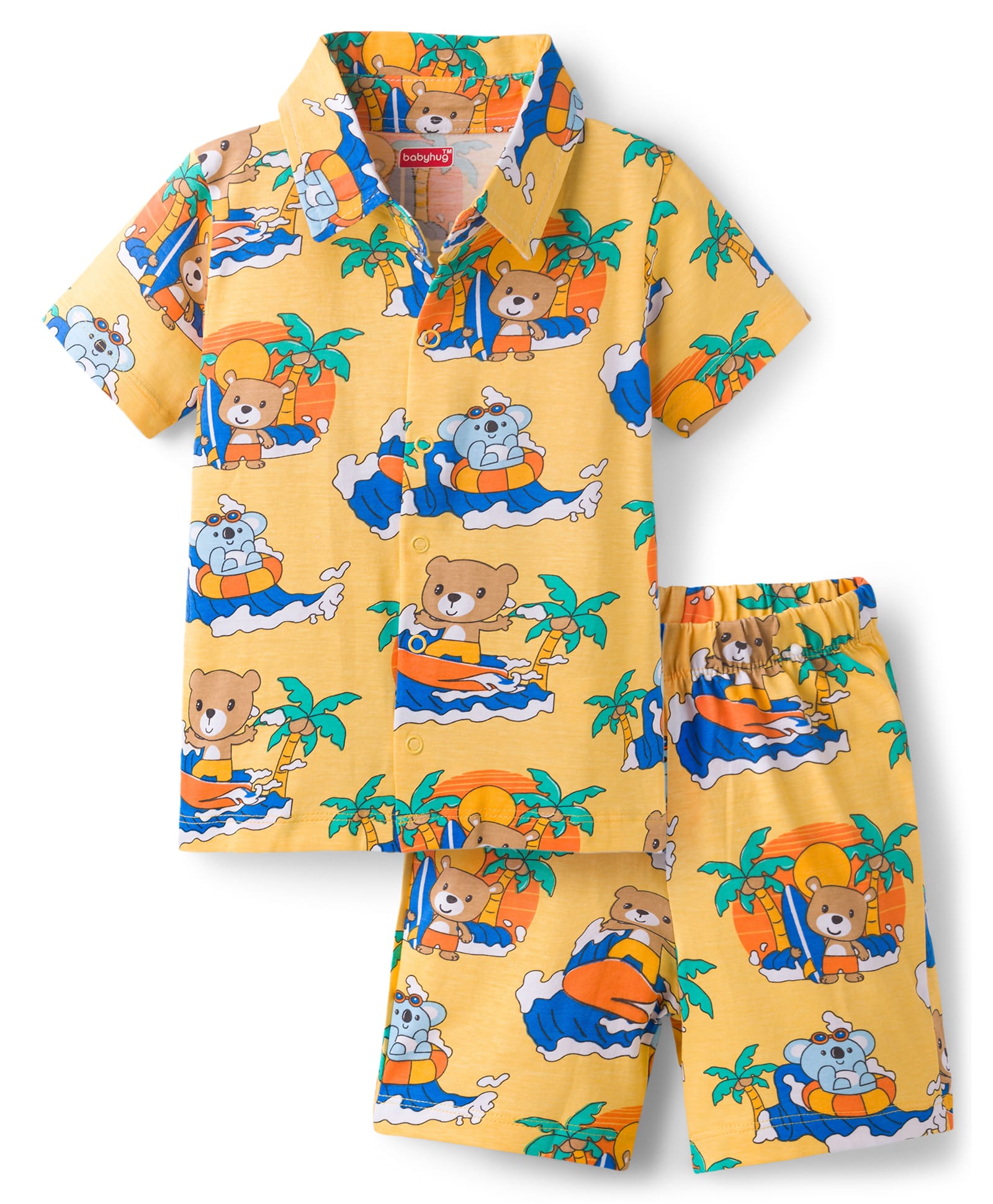Babyhug Cotton Knit Half Sleeves Front Open Shirt & Shorts Co-Ords Night Suit Bear Print - Yellow-image-38
