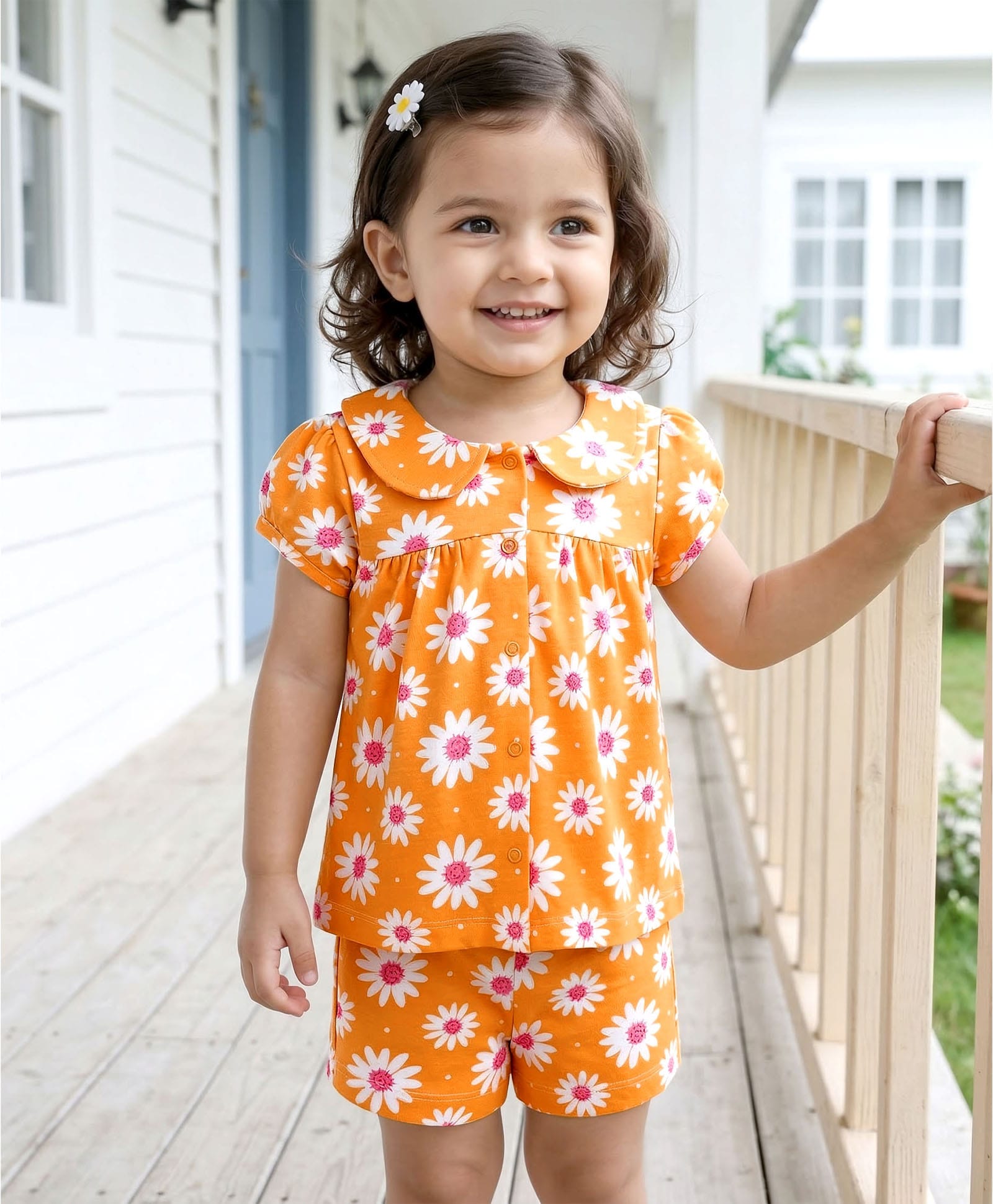 Babyhug Cotton Knit Half Sleeves Top & Shorts Co-ord Night Suit with Floral Print - Orange-image-12