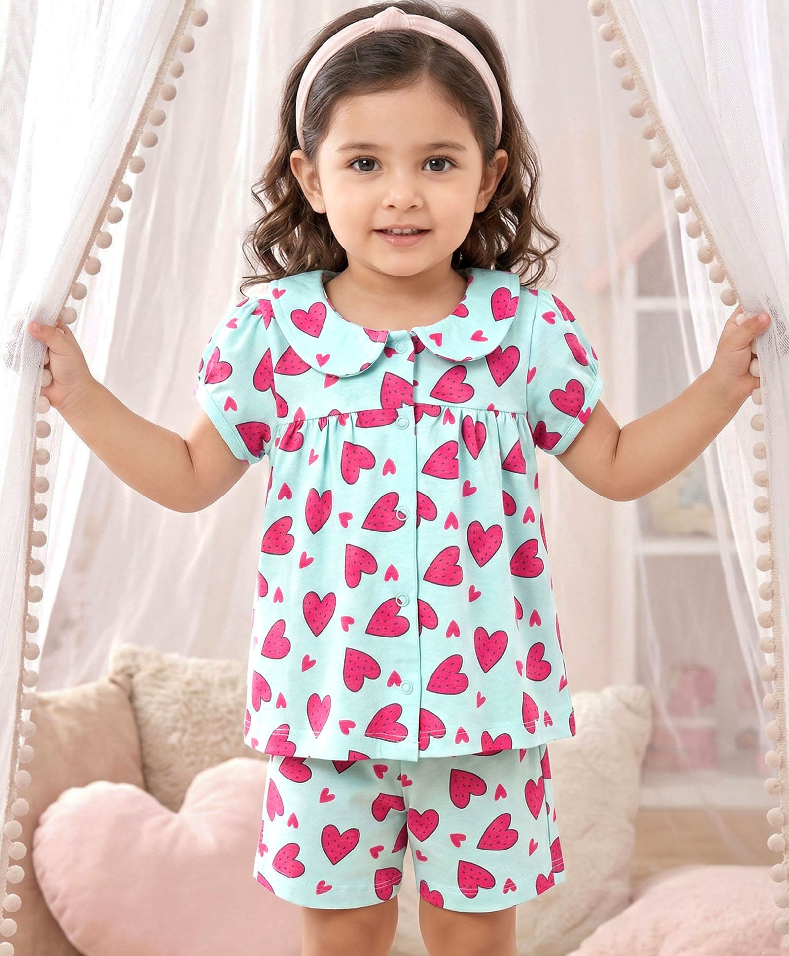 Babyhug Cotton Knit Half Sleeves Top & Shorts Co-ord Night Suit with Heart Print - Blue-image-34