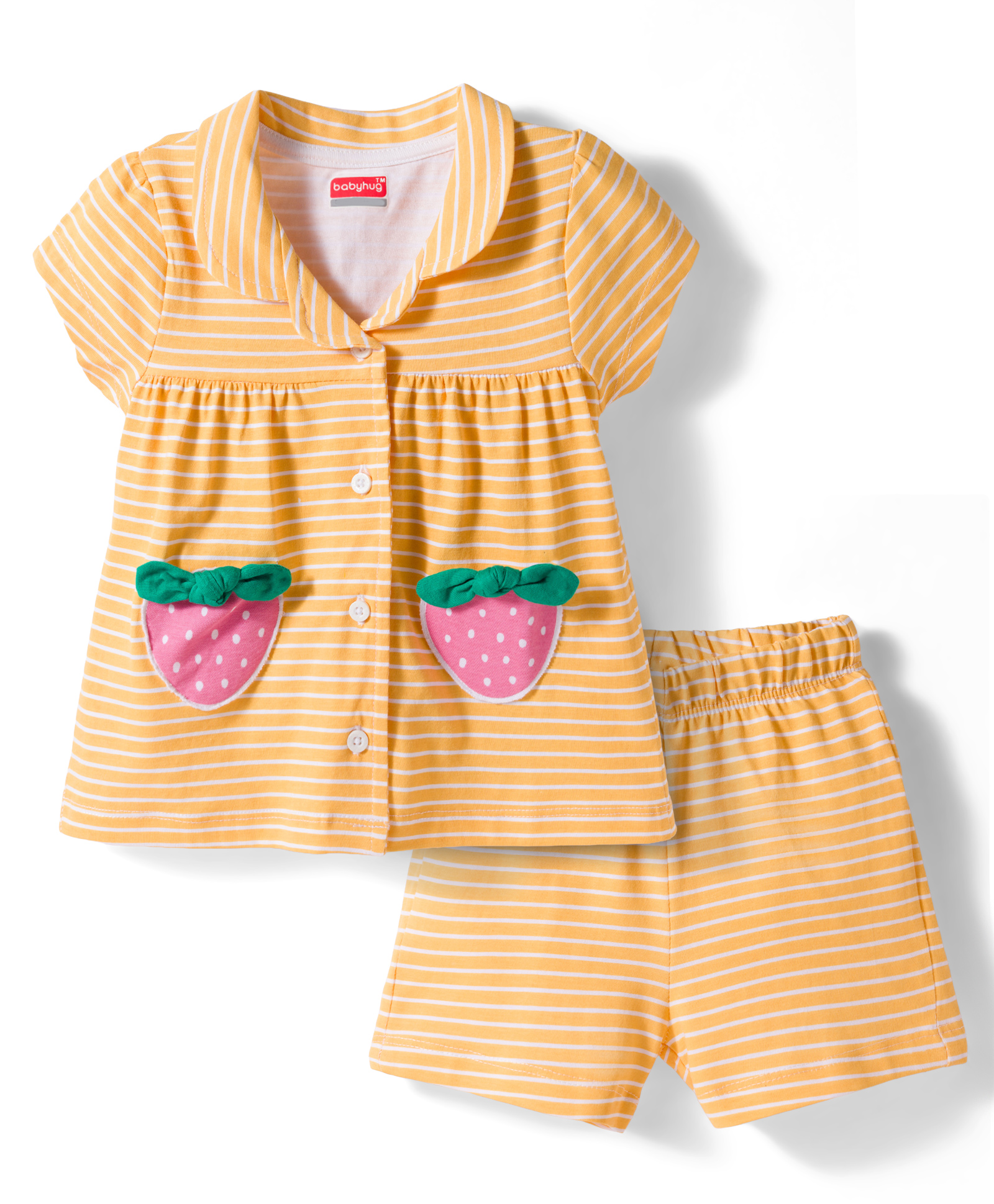 Babyhug Cotton Knit Half Sleeves Front Open Top & Shorts Night Suit Set - Orange-image-36