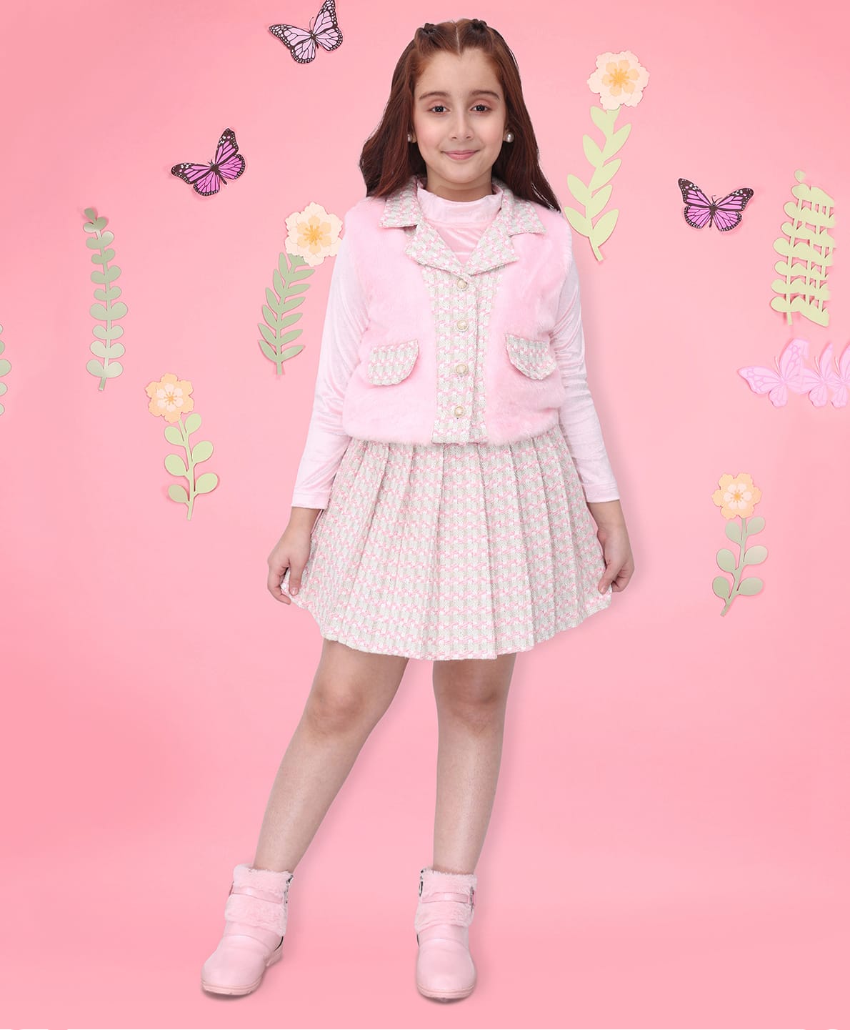 Cutecumber Tweed Flannel Woven Solid Top & Skirt With Full Sleeves Checked Jacket - Light Pink-image-19