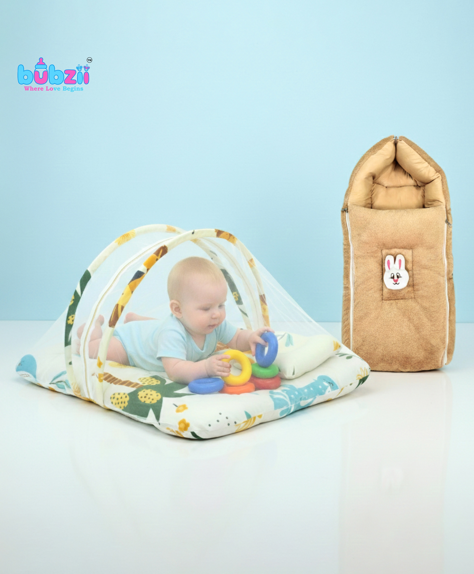 Bubzii 3in1 Baby Sleeping Bag with Mosquito Net for New born Soft & Breathable Cotton Sleeping Sack Cum Wrapper Foldable Bag for Baby Protection-image-13