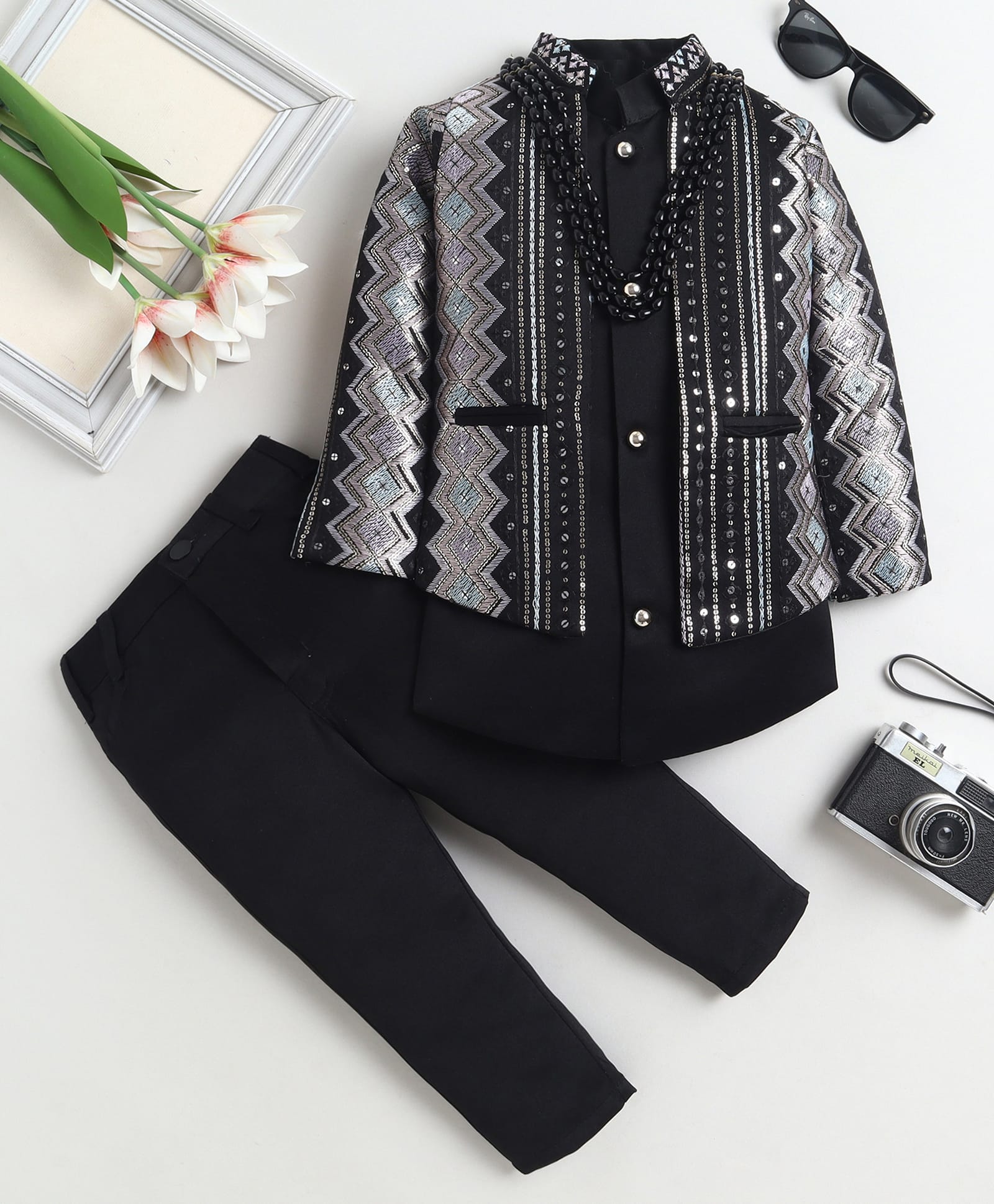 Fourfolds Woven Solid Sherwani & Pants With Full Sleeves Geometric Embroidered Sequins Embellished Jacket - Black-image-14