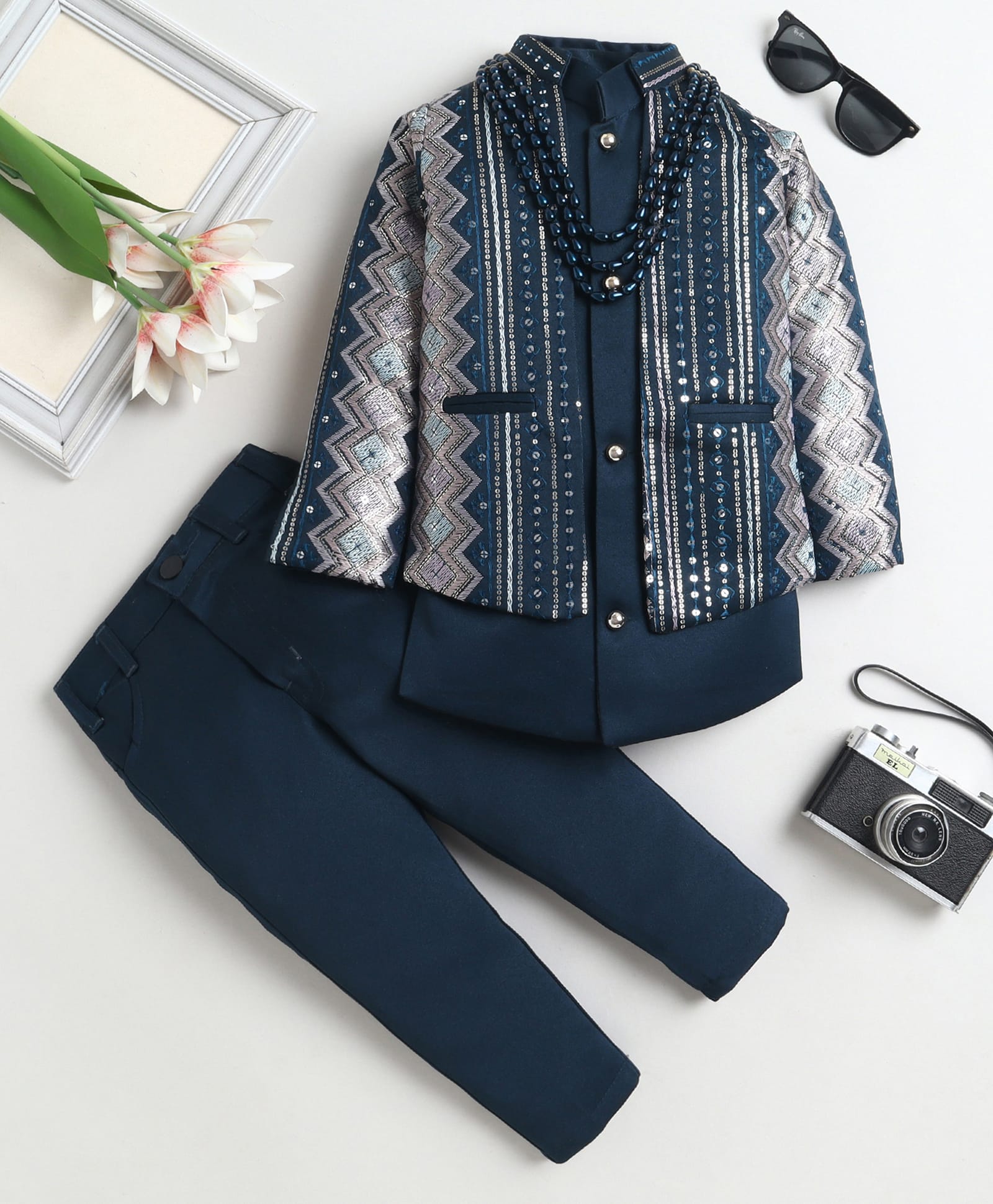 Fourfolds Woven Solid Sherwani & Pants With Full Sleeves Geometric Embroidered Sequins Embellished Jacket - Teal Blue-image-5
