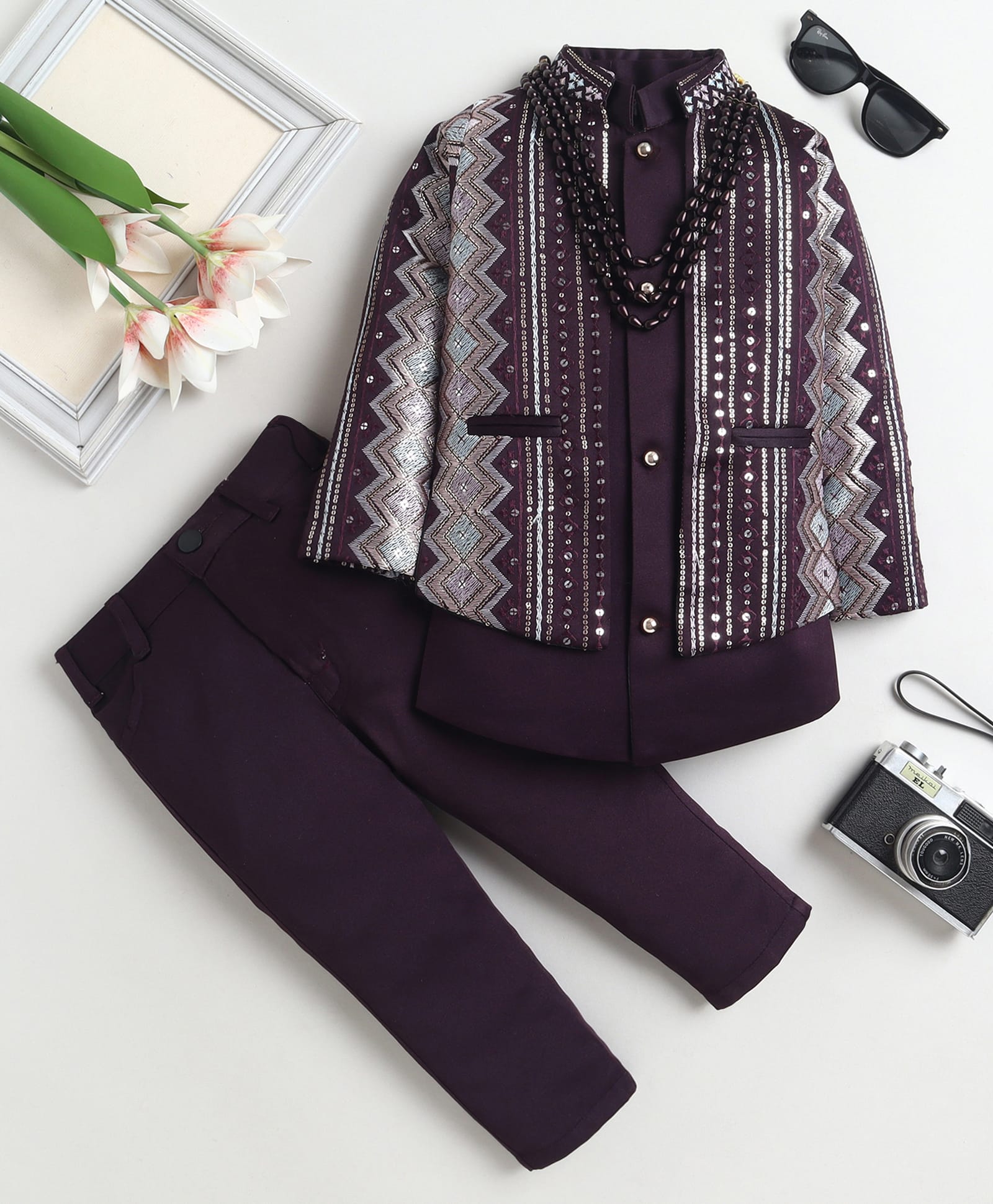 Fourfolds Woven Solid Sherwani & Pants With Full Sleeves Geometric Embroidered Sequins Embellished Jacket - Wine-image-47