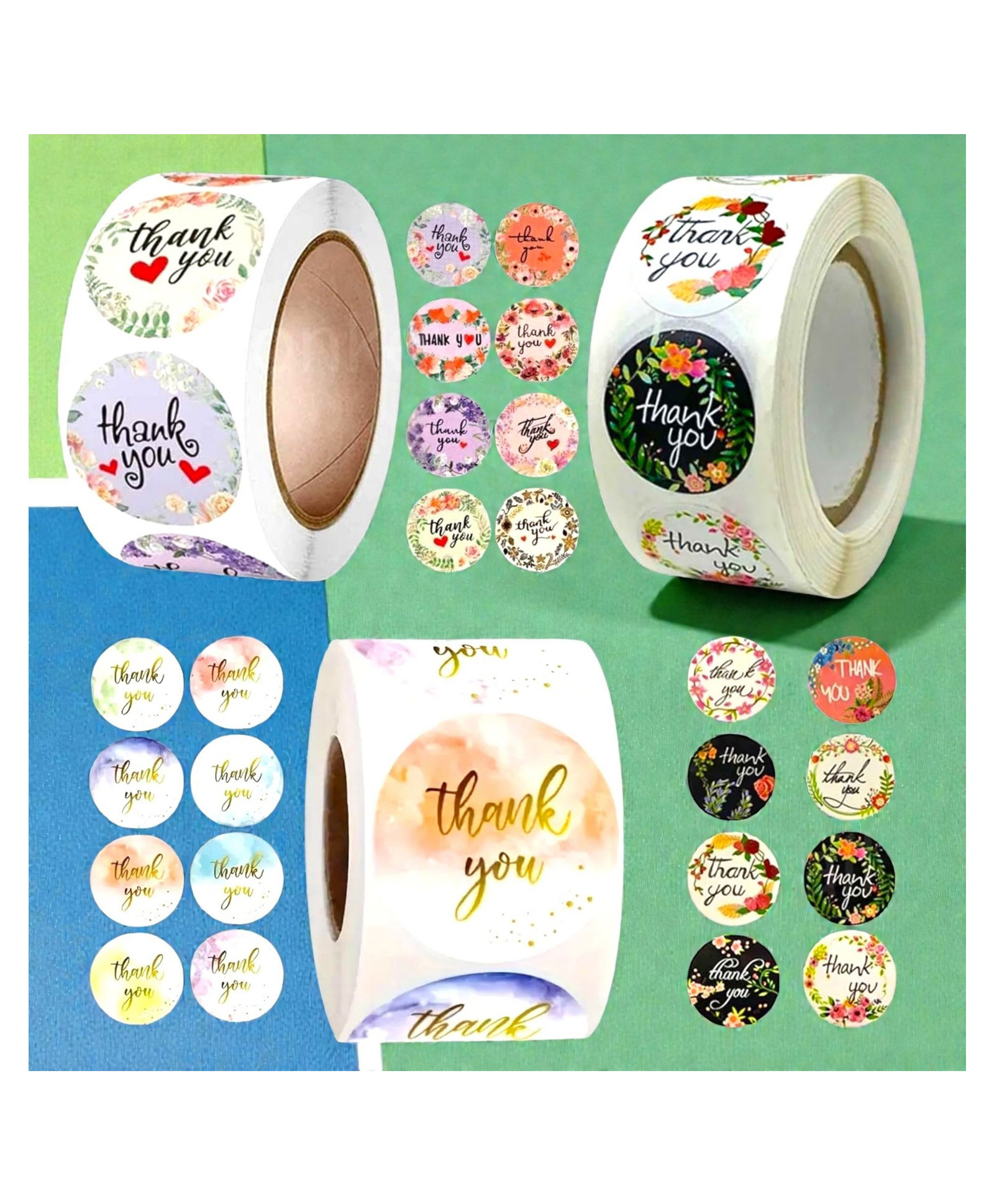Birthday Popper 1500 Pcs Thank You Stickers - Set of 3 Assorted Rolls | Waterproof Self-Adhesive Labels for Packaging, Gift Bags, Envelope Seals, Baking Boxes, Handmade Crafts for Weddings & Parties-image-3