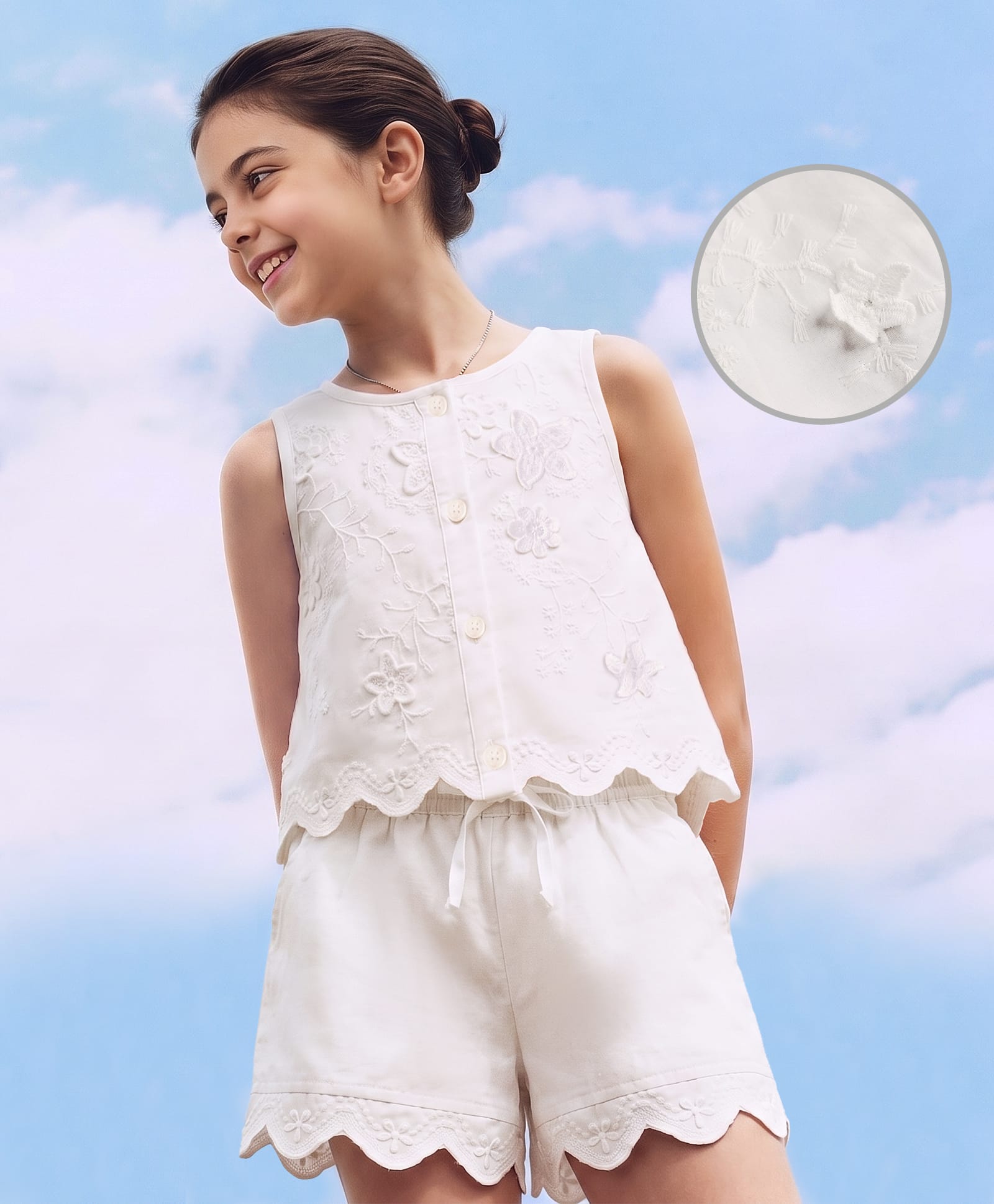 Arias Cotton Woven Sleeveless Top & Shorts Set with 3D Embroidery & Lace Detailing - White-image-29