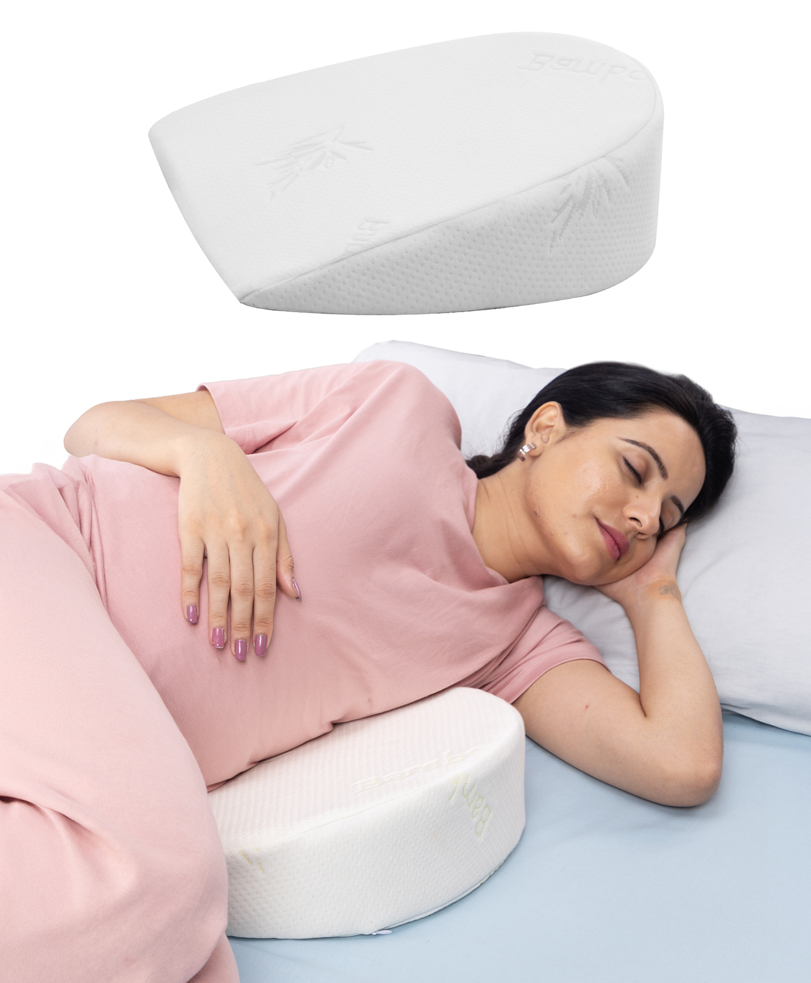 Frido Maternity Wedge Pillow | Memory Foam Pregnancy & Postpartum Support for Side Sleeping | Multi-Use Belly, Back, Leg Support For Pressure Relief | Cooling Bamboo Cover (Off White)-image-48