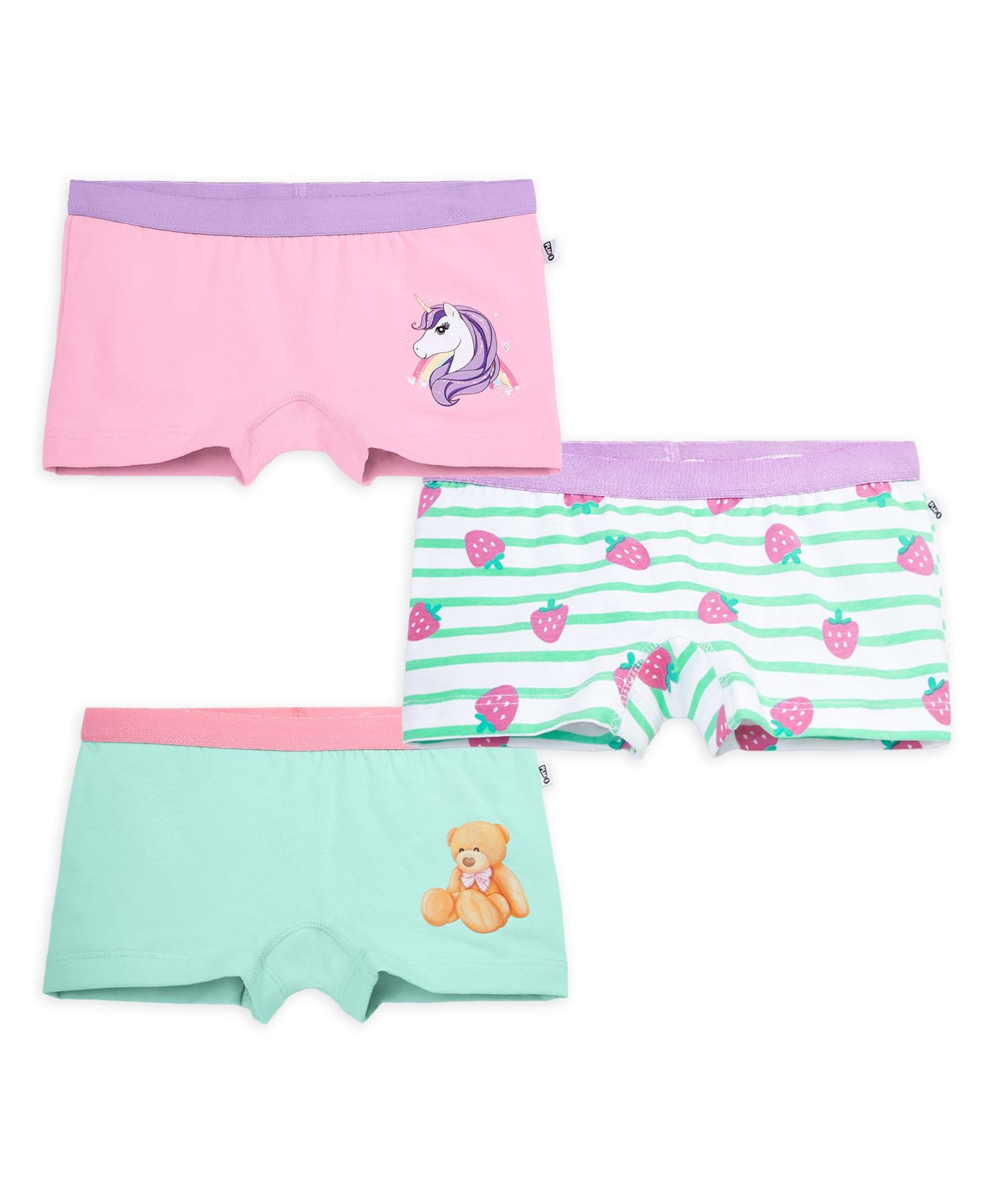 Plan B Cotton Knit Pack Of 3 Unicorn Strawberry & Teddy Bear Printed Boyshorts - Pink White & Mint-image-33