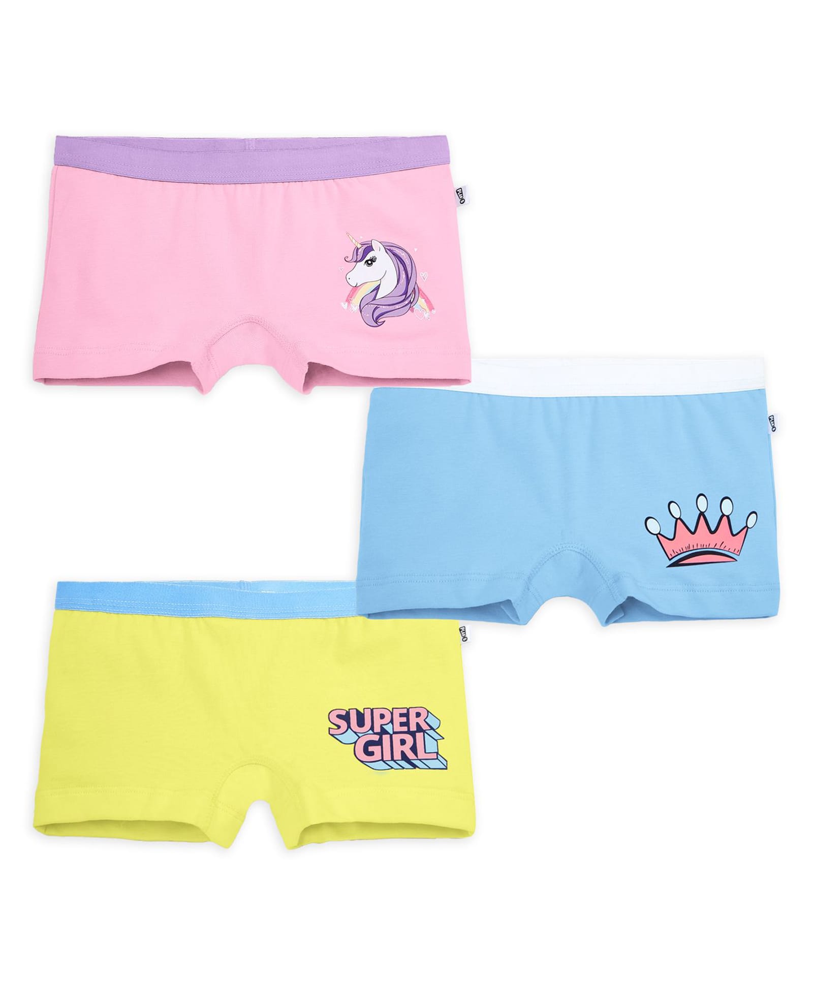 Plan B Cotton Knit Pack Of 3 Unicorn Crown & Girl Power Text Printed Boyshorts - Sky Blue Pink & Lemon-picture-28